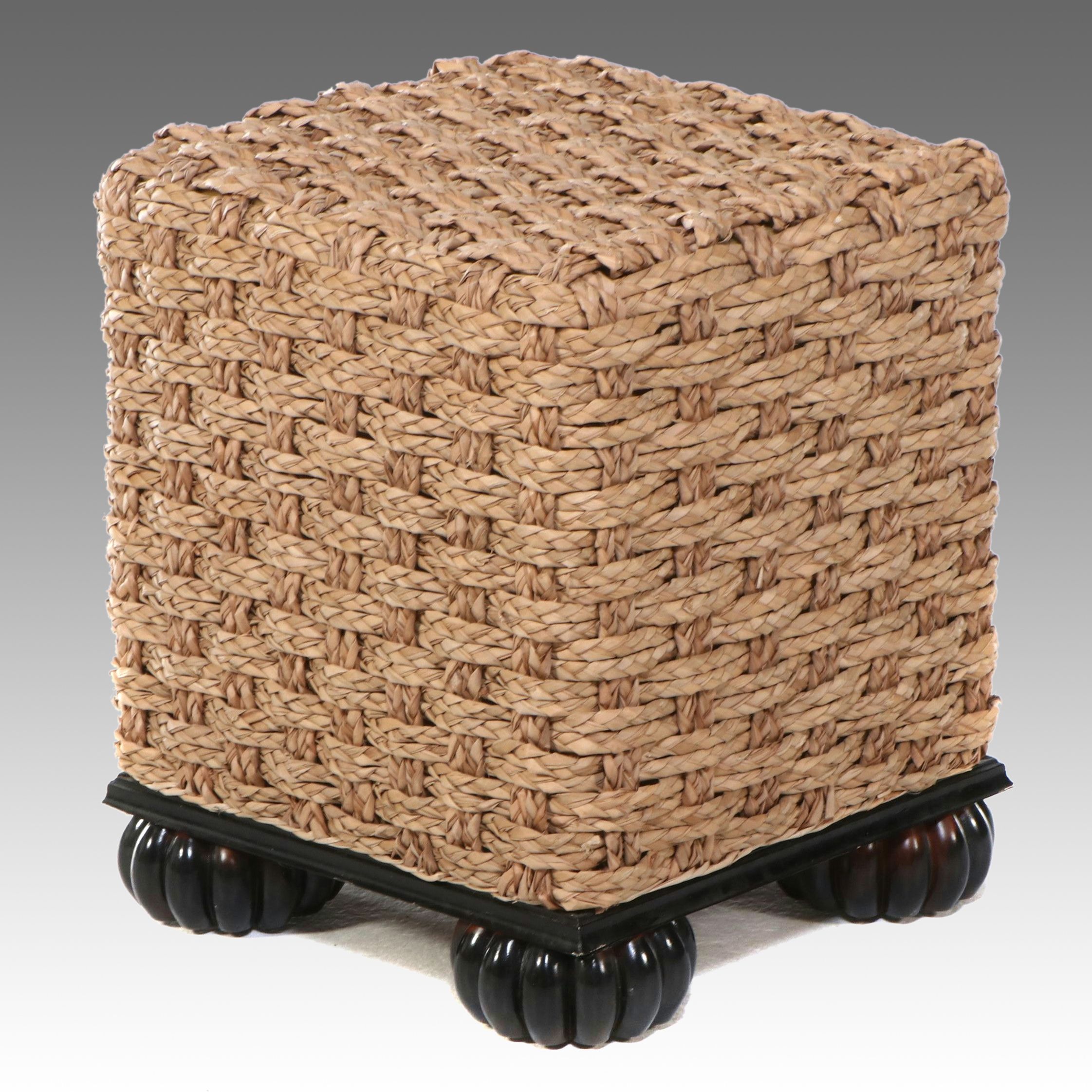 Contemporary Jute and Wood Ottoman