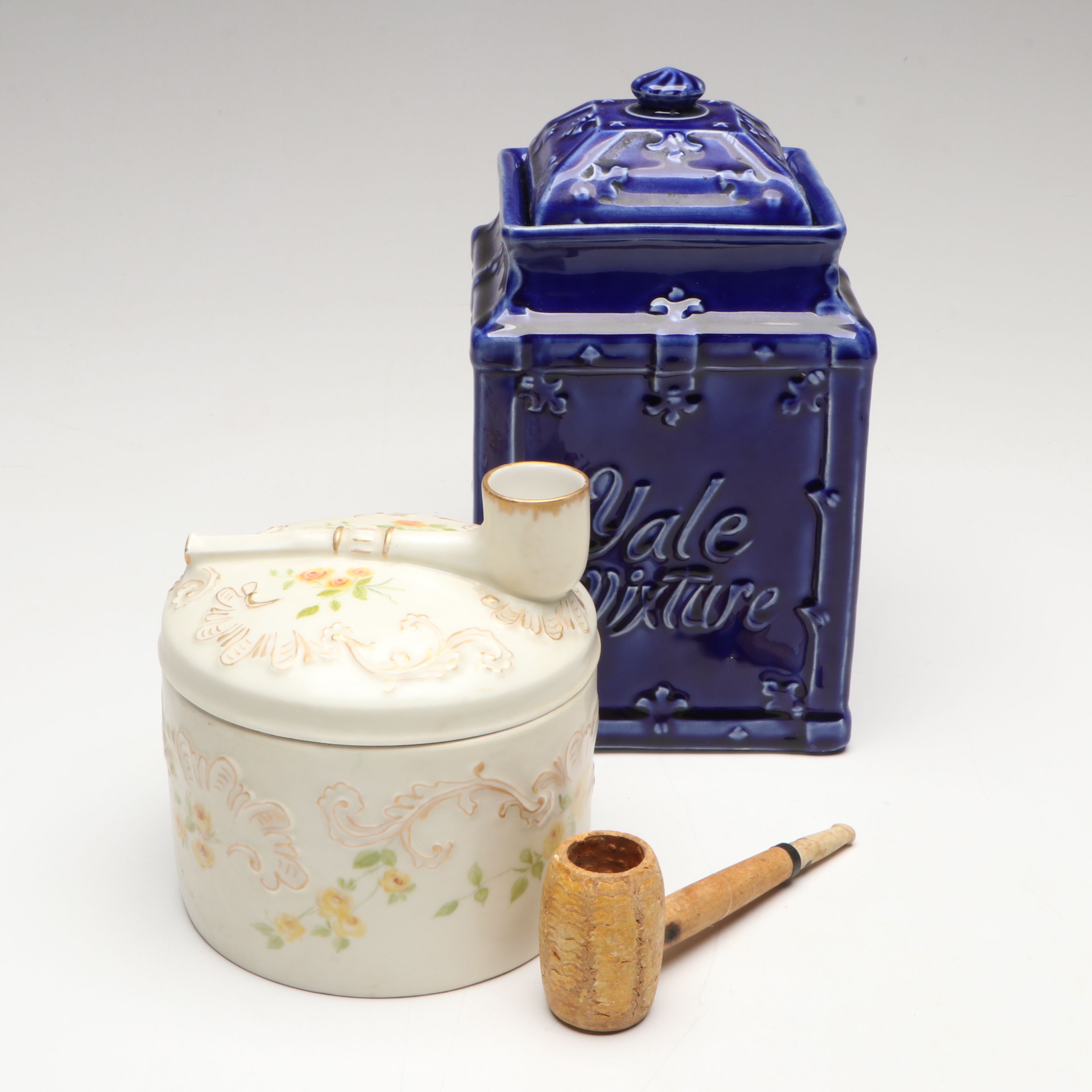 Hobbyist-Painted AKD Porcelain and Ceramic Tobacco Jars with Corncob Pipe