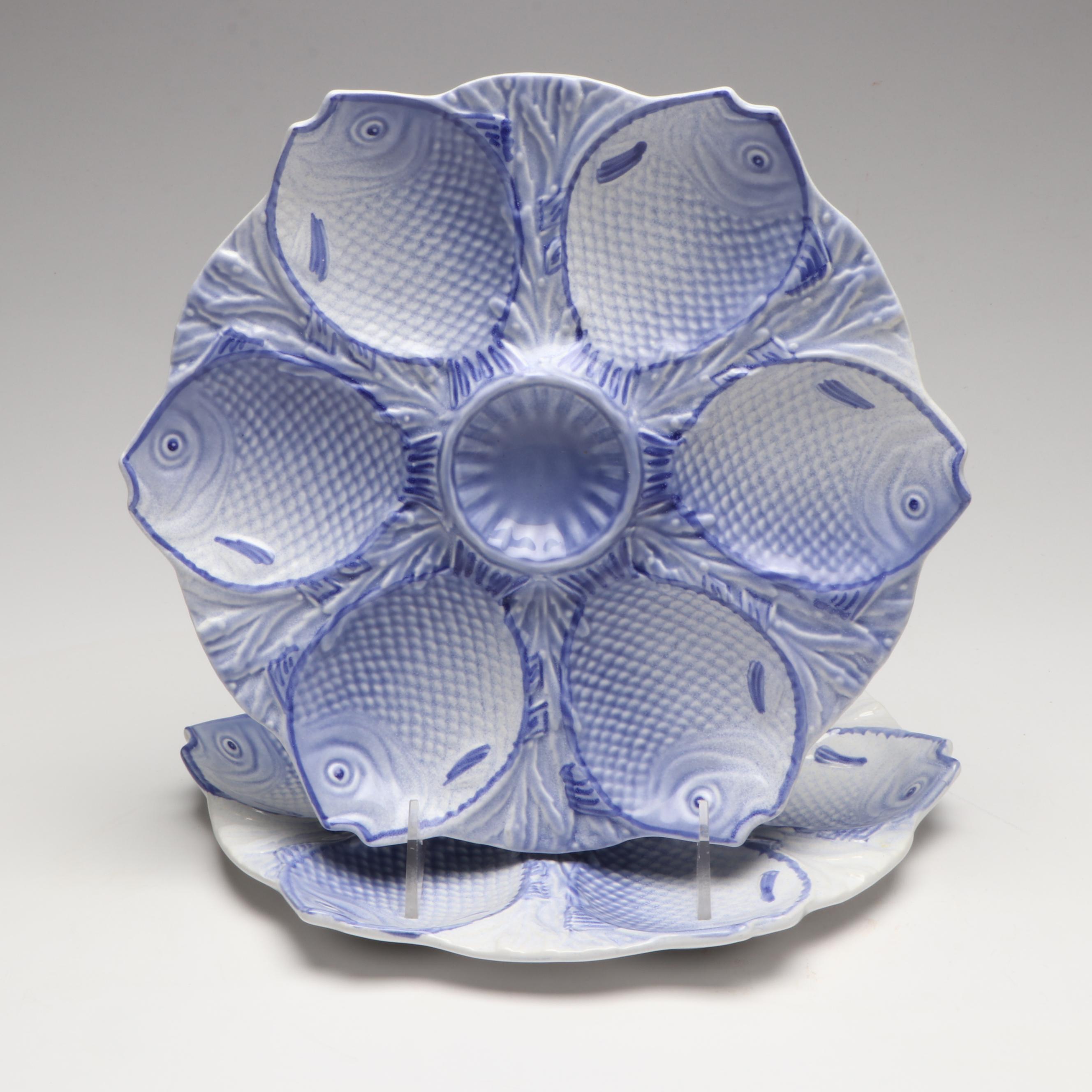 Majolica Oyster Plates with Hand-Painted Ceramic Deviled Egg Dishes