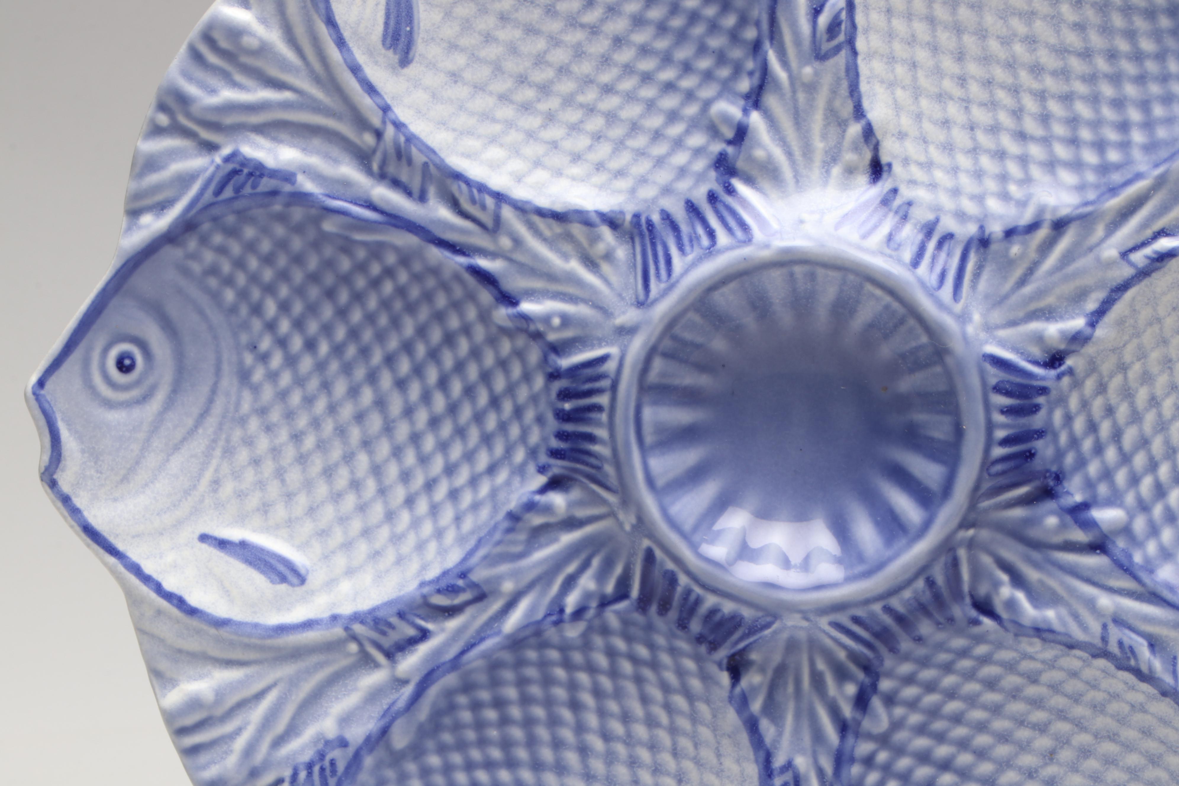 Majolica Oyster Plates with Hand-Painted Ceramic Deviled Egg Dishes