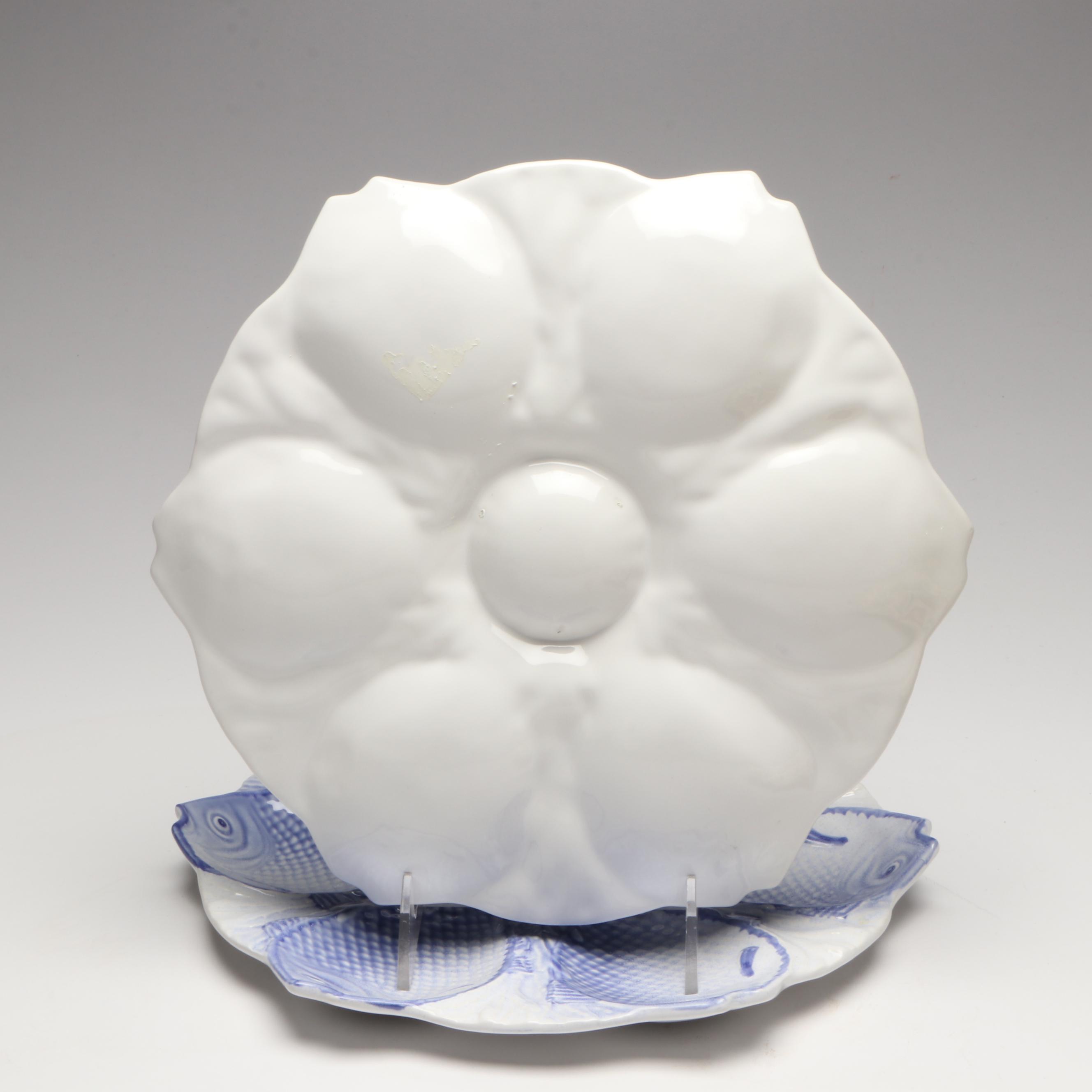 Majolica Oyster Plates with Hand-Painted Ceramic Deviled Egg Dishes