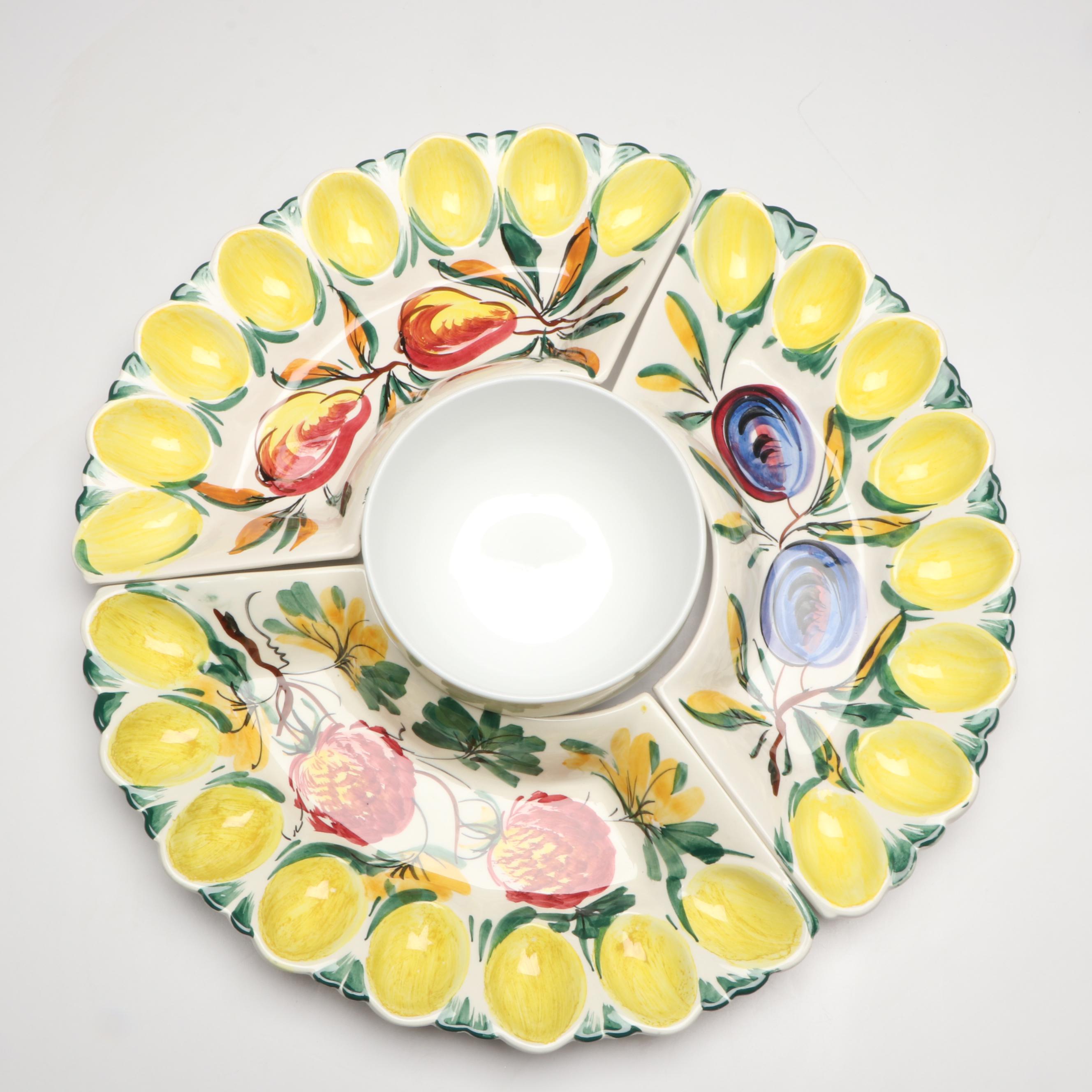 Majolica Oyster Plates with Hand-Painted Ceramic Deviled Egg Dishes