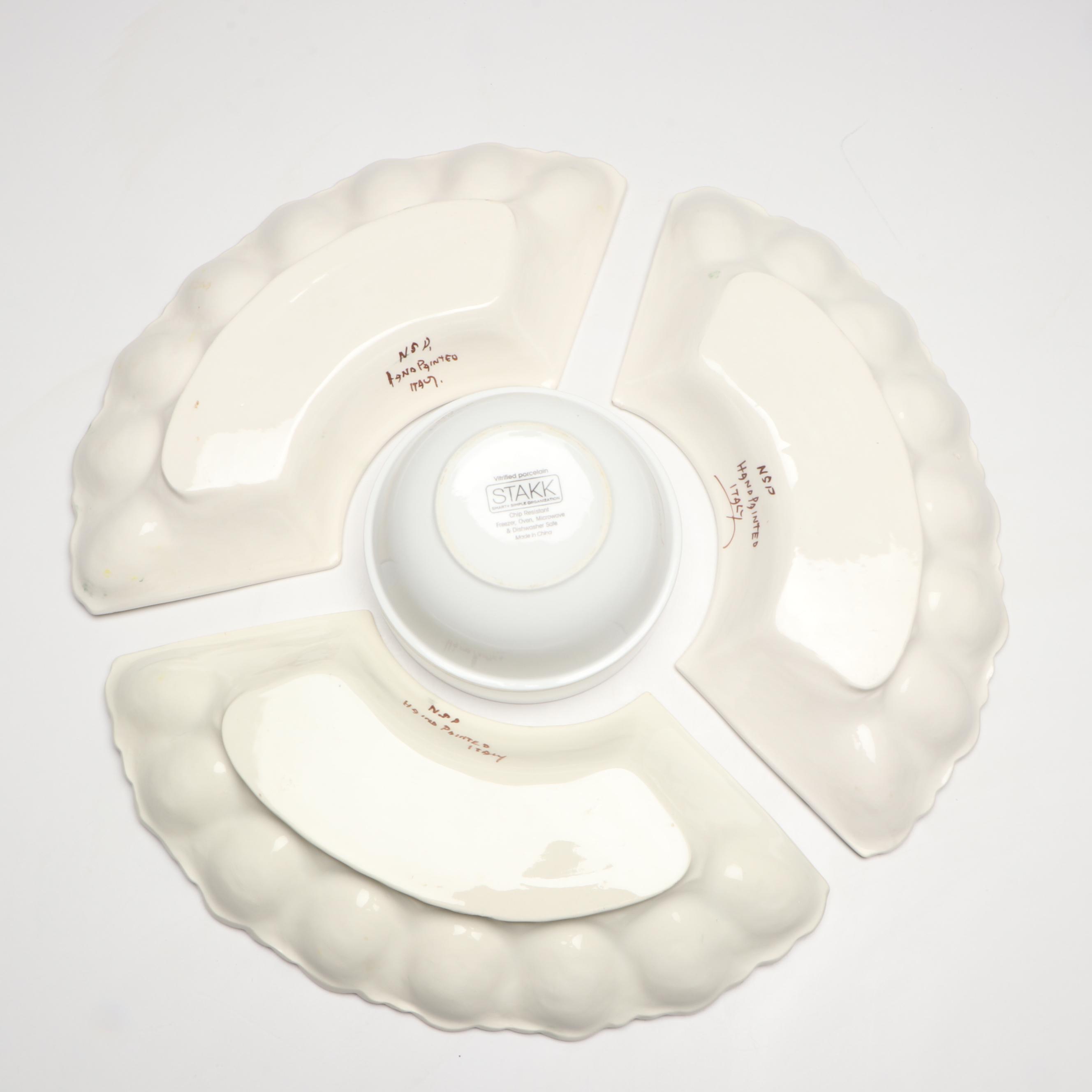 Majolica Oyster Plates with Hand-Painted Ceramic Deviled Egg Dishes