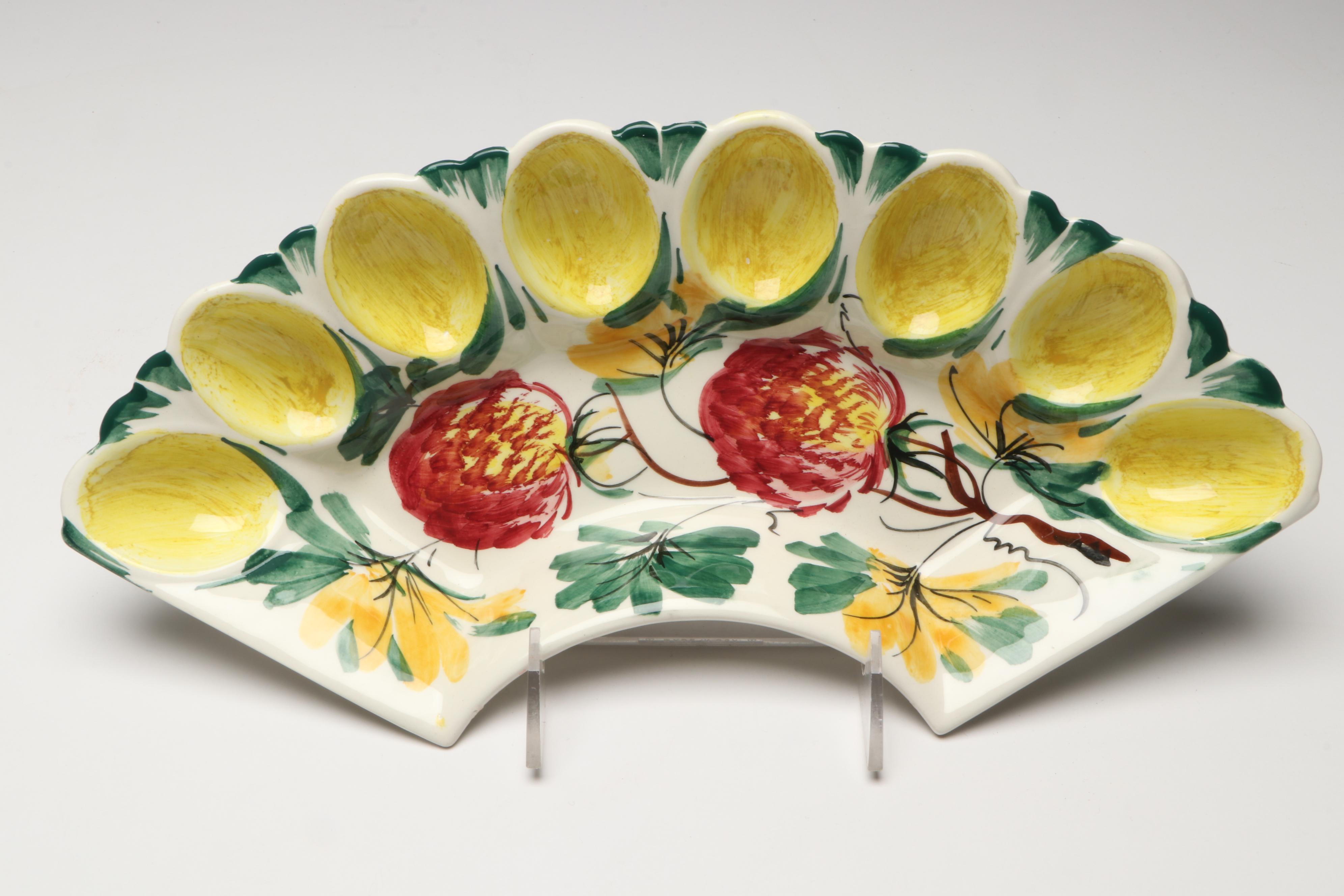 Majolica Oyster Plates with Hand-Painted Ceramic Deviled Egg Dishes