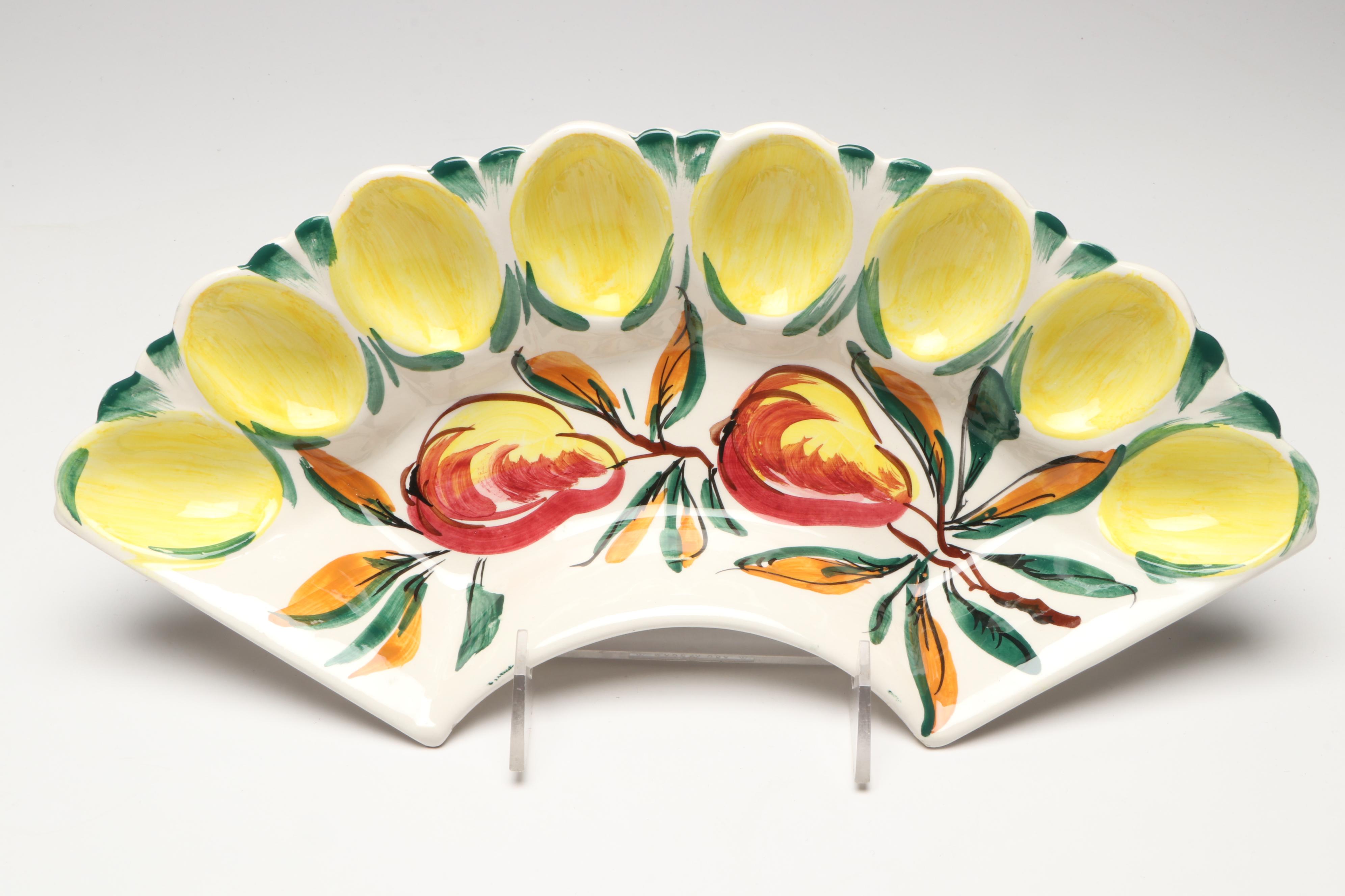 Majolica Oyster Plates with Hand-Painted Ceramic Deviled Egg Dishes