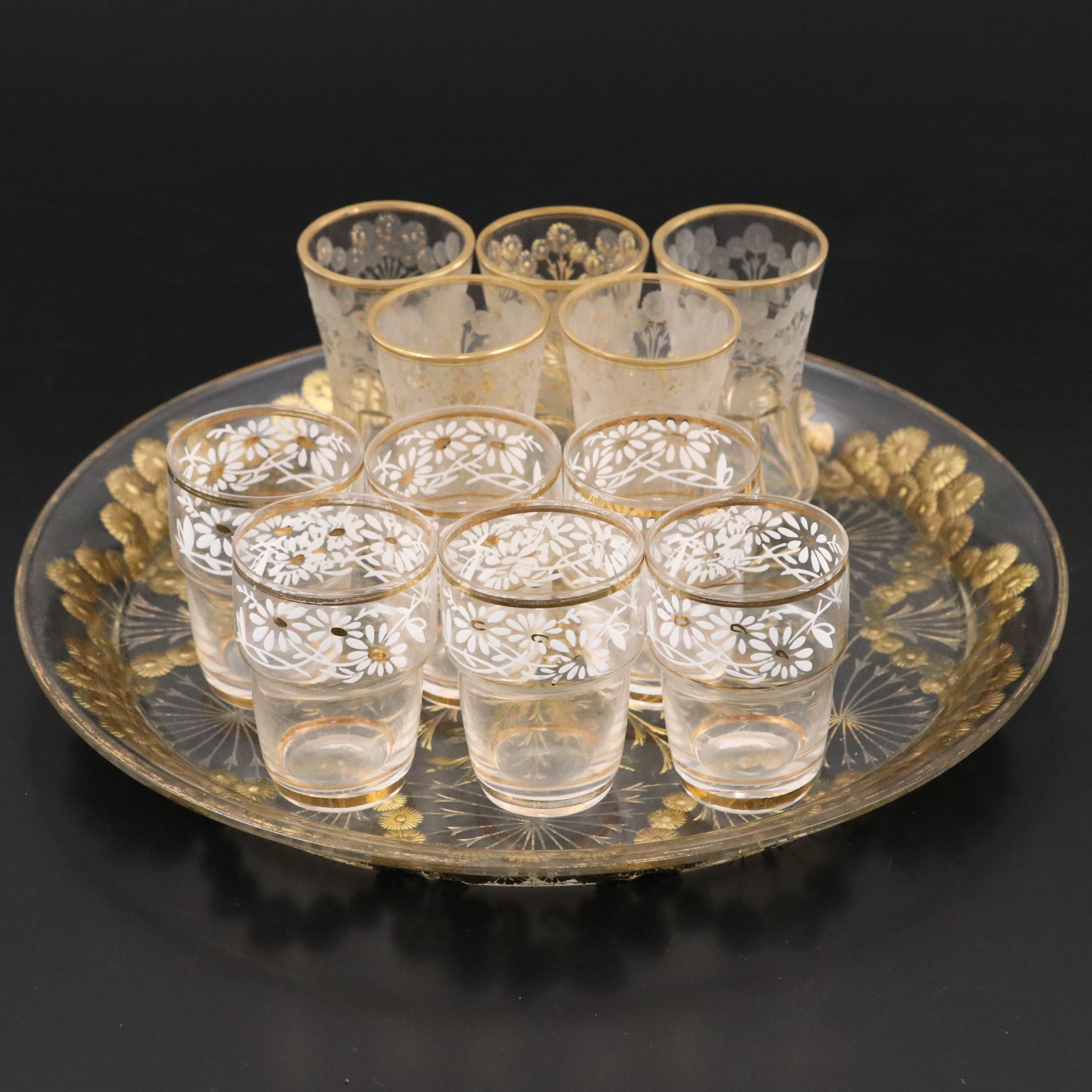 Gilt Glass Cordial Cups and Round Tray