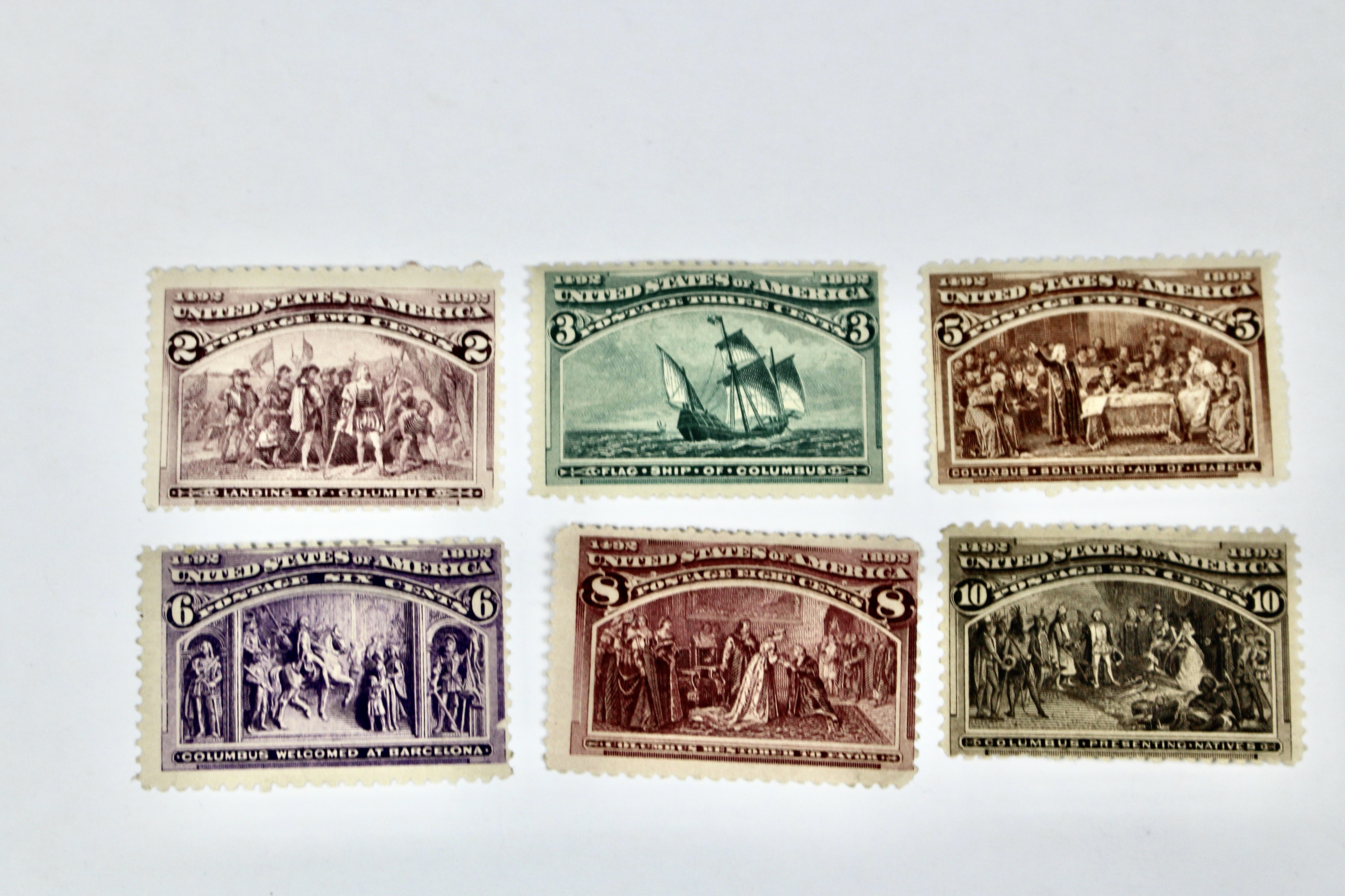 Six Mint Hinged 1893 Columbian Exposition Postage Stamps