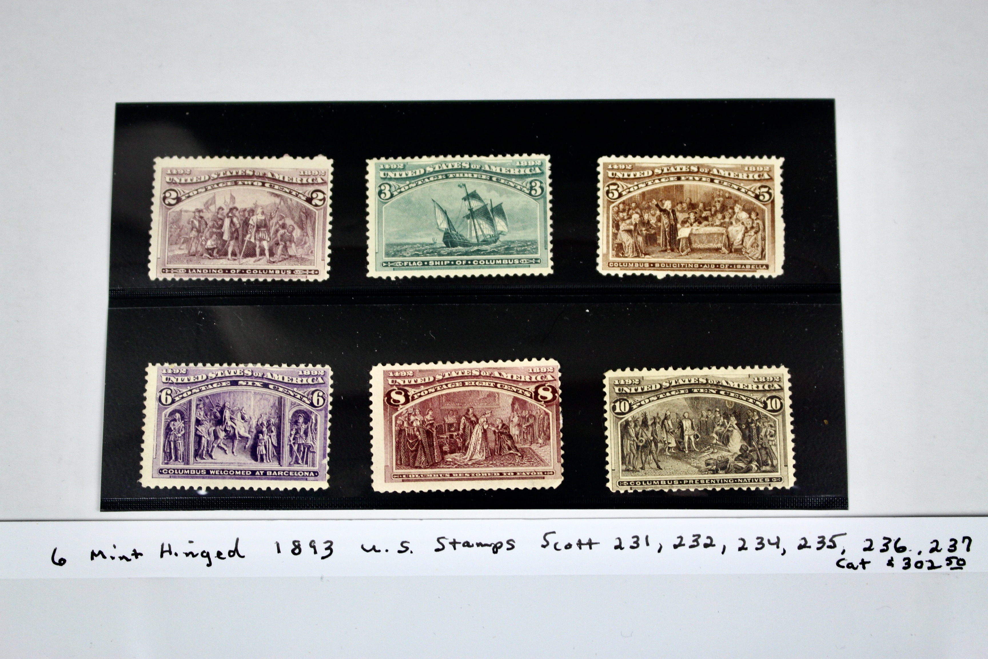 Six Mint Hinged 1893 Columbian Exposition Postage Stamps
