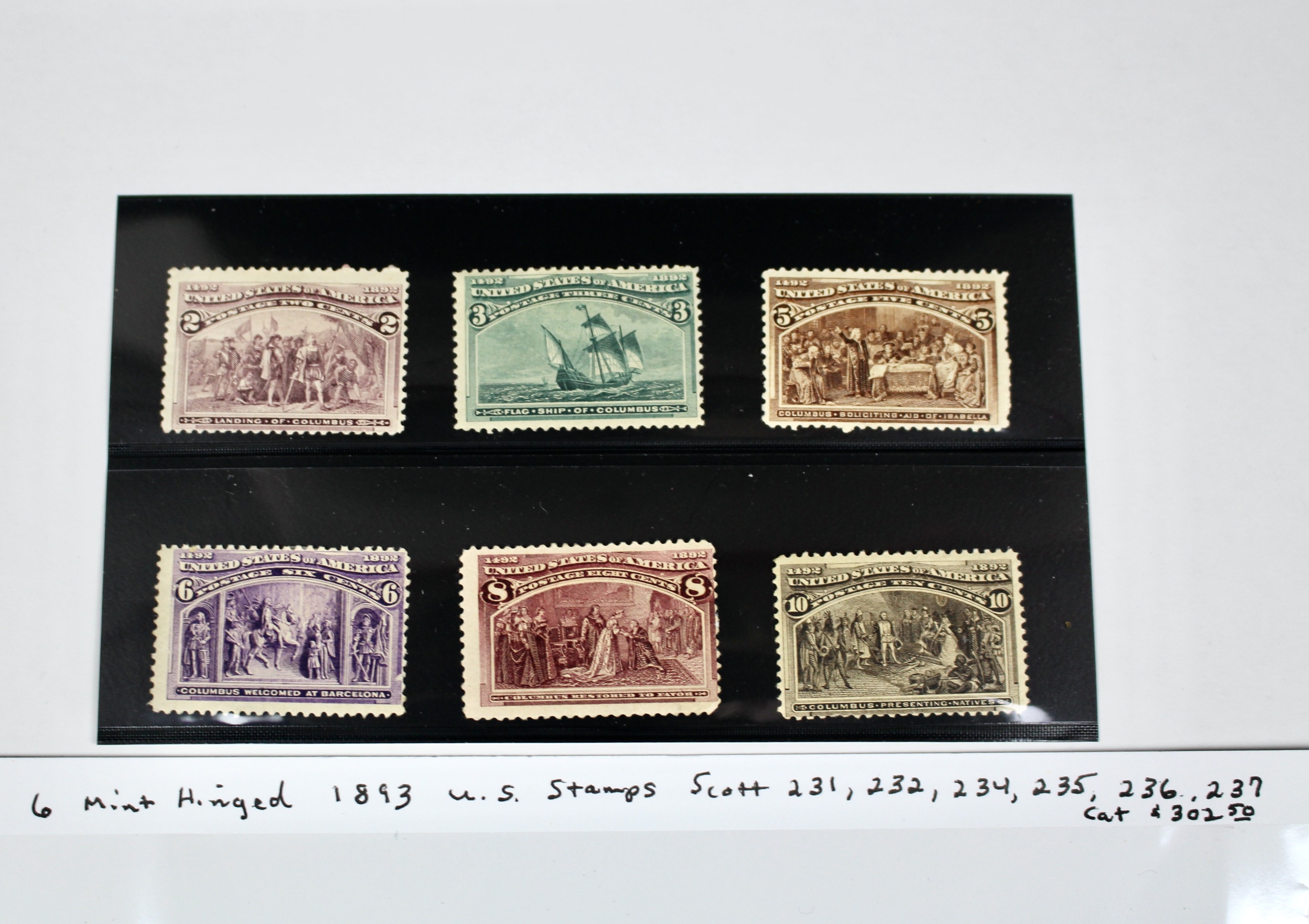 Six Mint Hinged 1893 Columbian Exposition Postage Stamps