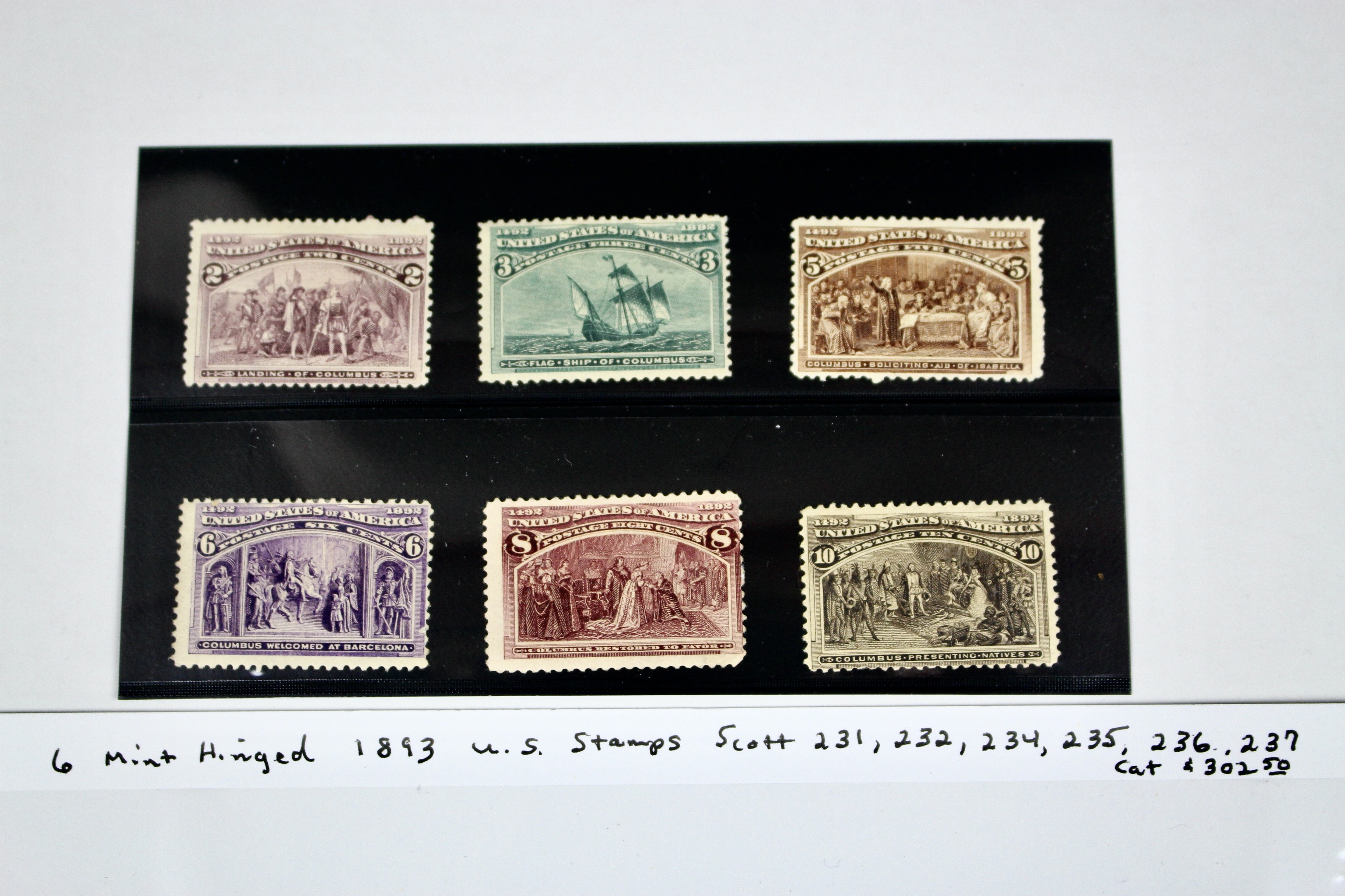 Six Mint Hinged 1893 Columbian Exposition Postage Stamps
