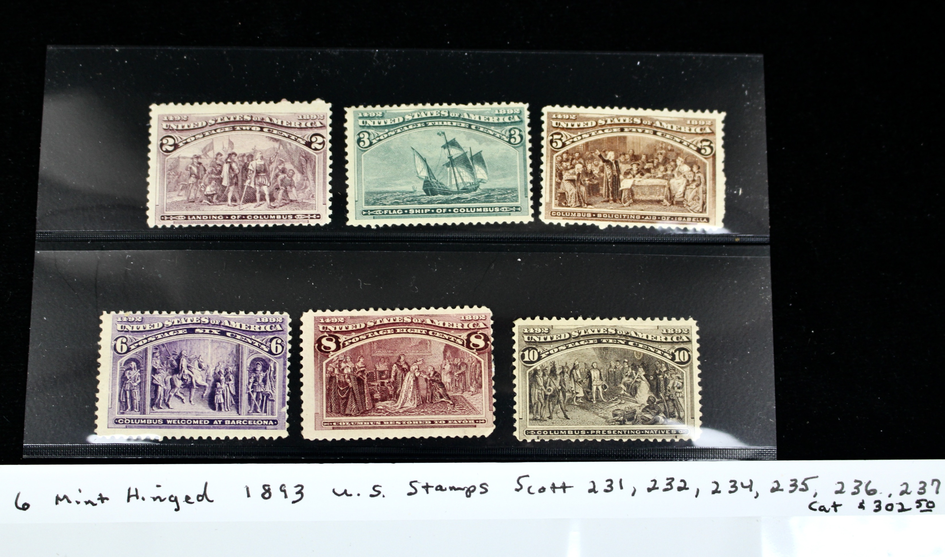 Six Mint Hinged 1893 Columbian Exposition Postage Stamps