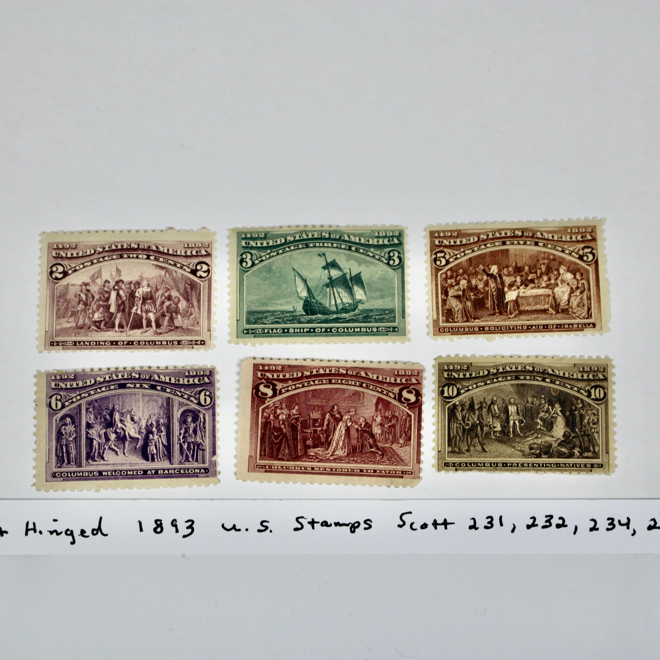 Six Mint Hinged 1893 Columbian Exposition Postage Stamps