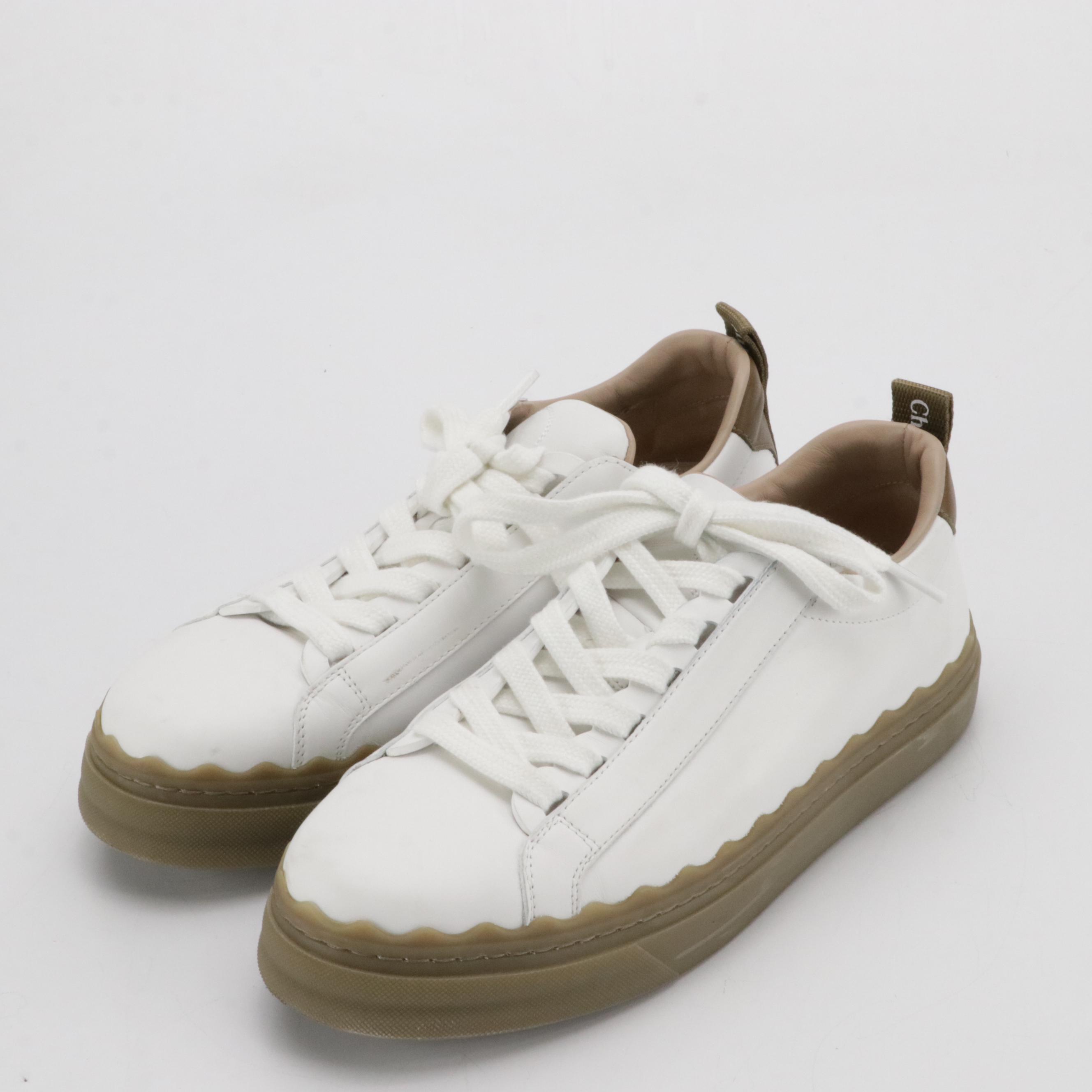 Chloé Lauren Lace-Up Sneakers in White Leather with Brown Accents
