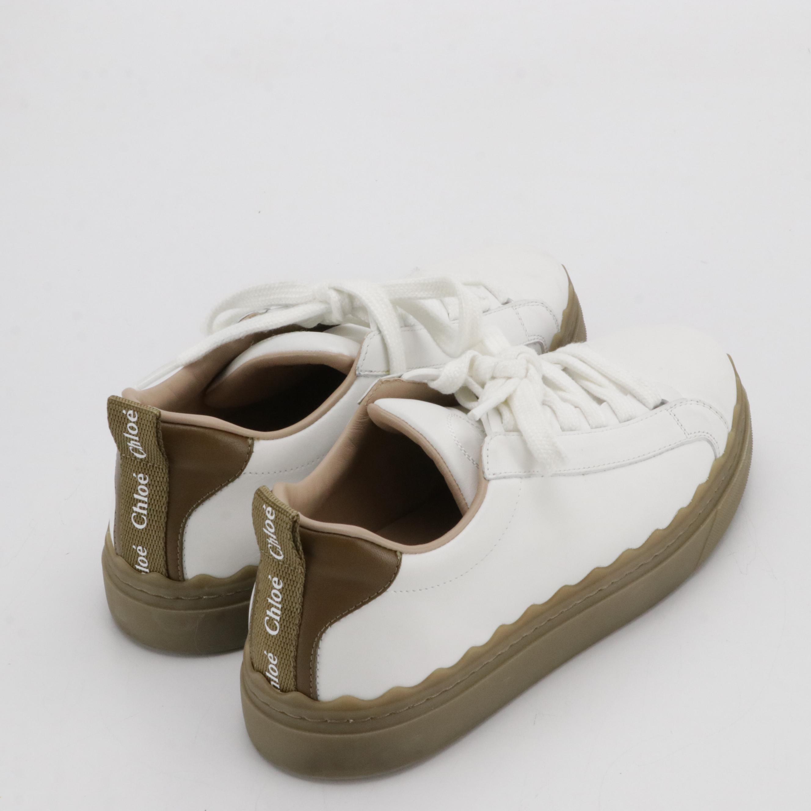 Chloé Lauren Lace-Up Sneakers in White Leather with Brown Accents