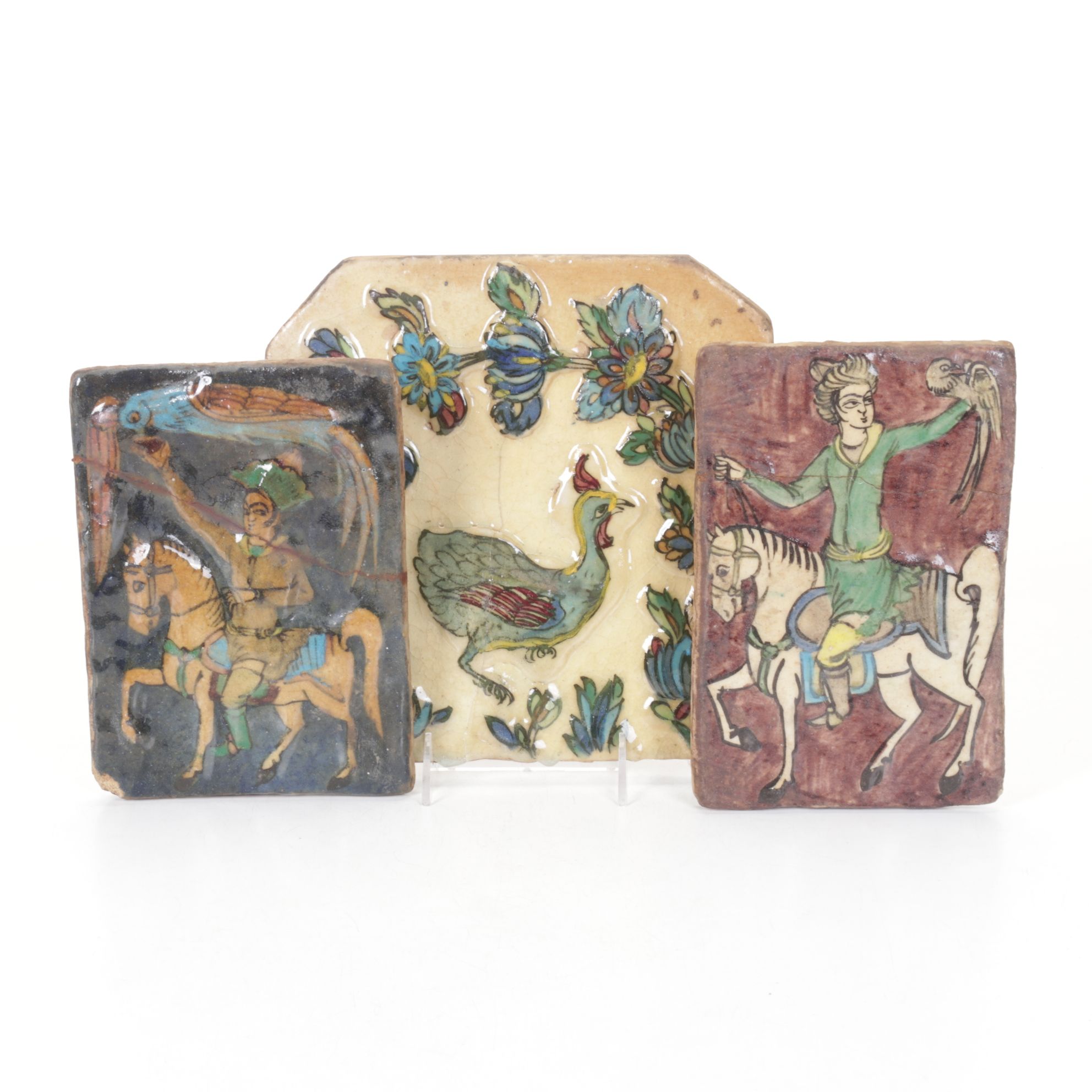 Persian Qajar Style Glazed Decorative Ceramic Tiles with Equestrian Images