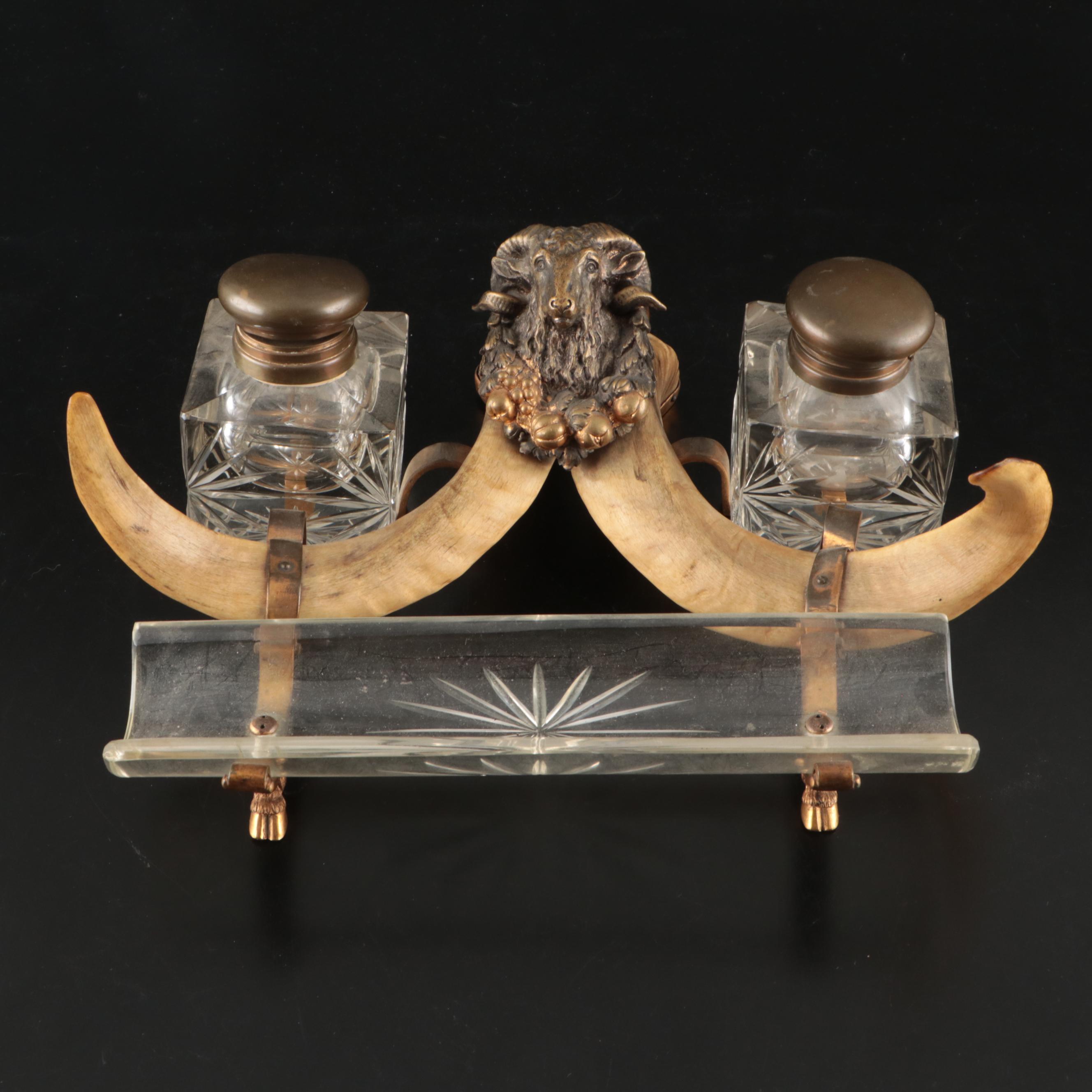 Bacchus Ram's Head and Horn Double Inkstand, Late 19th Century