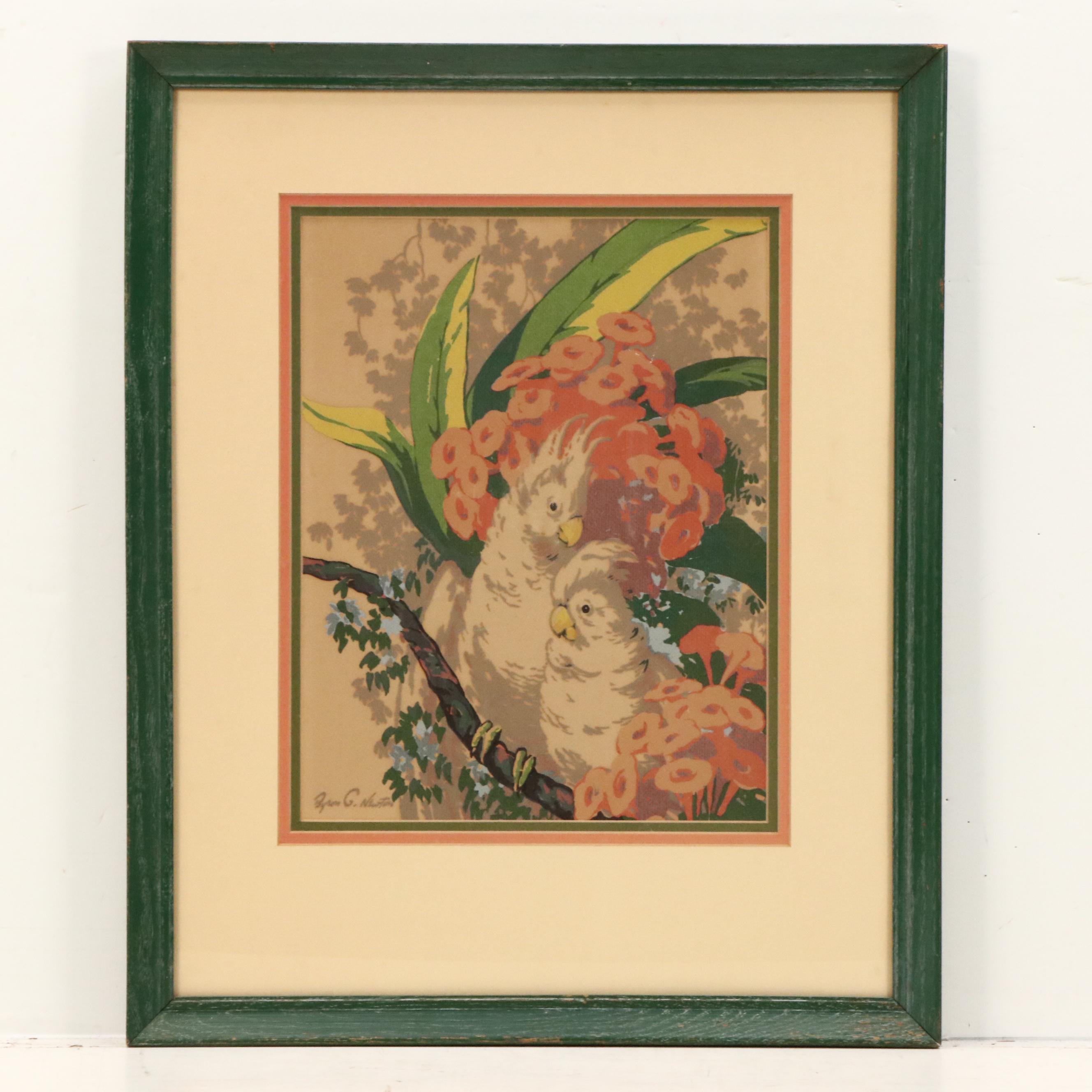 After Byron Glee Newton Serigraphs "Cockatoos" and "Parrot," Mid-20th Century