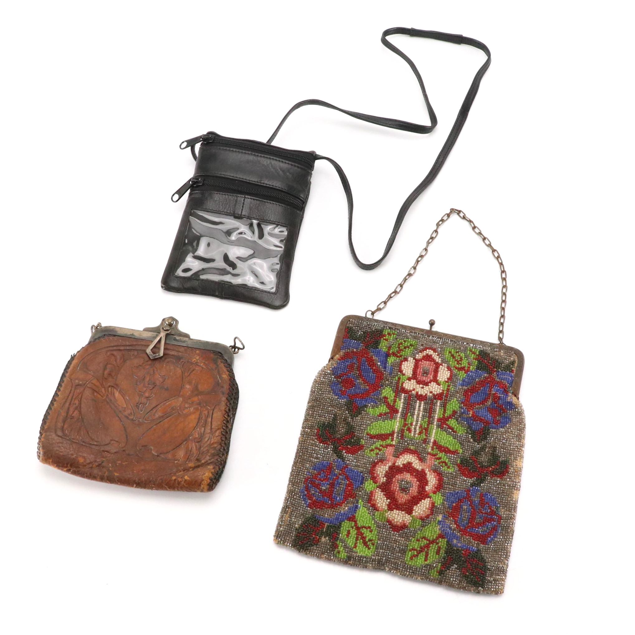 Jemco Frame Tooled Leather Bag, Floral Glass Bead Purse, and Wallet Crossbody