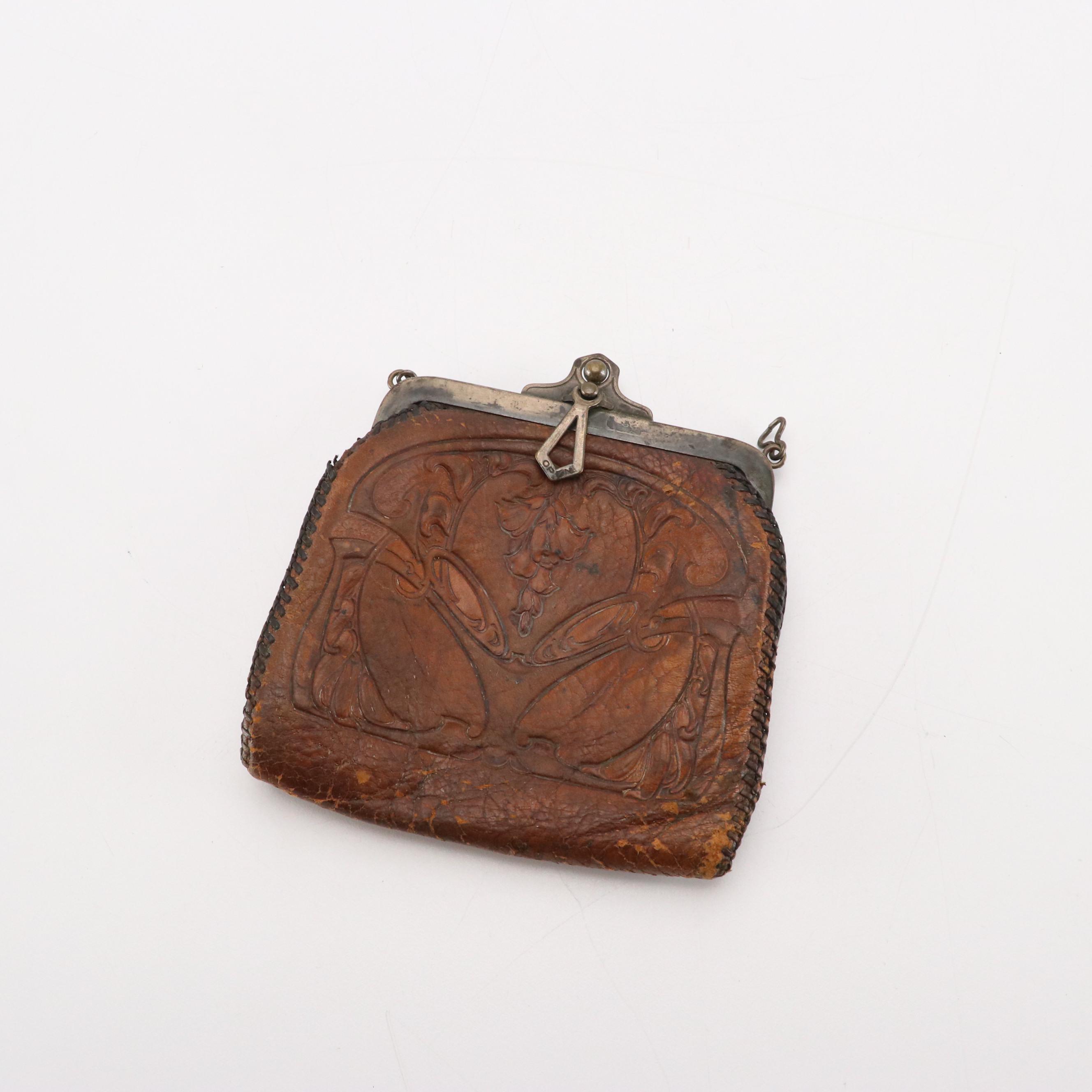 Jemco Frame Tooled Leather Bag, Floral Glass Bead Purse, and Wallet Crossbody