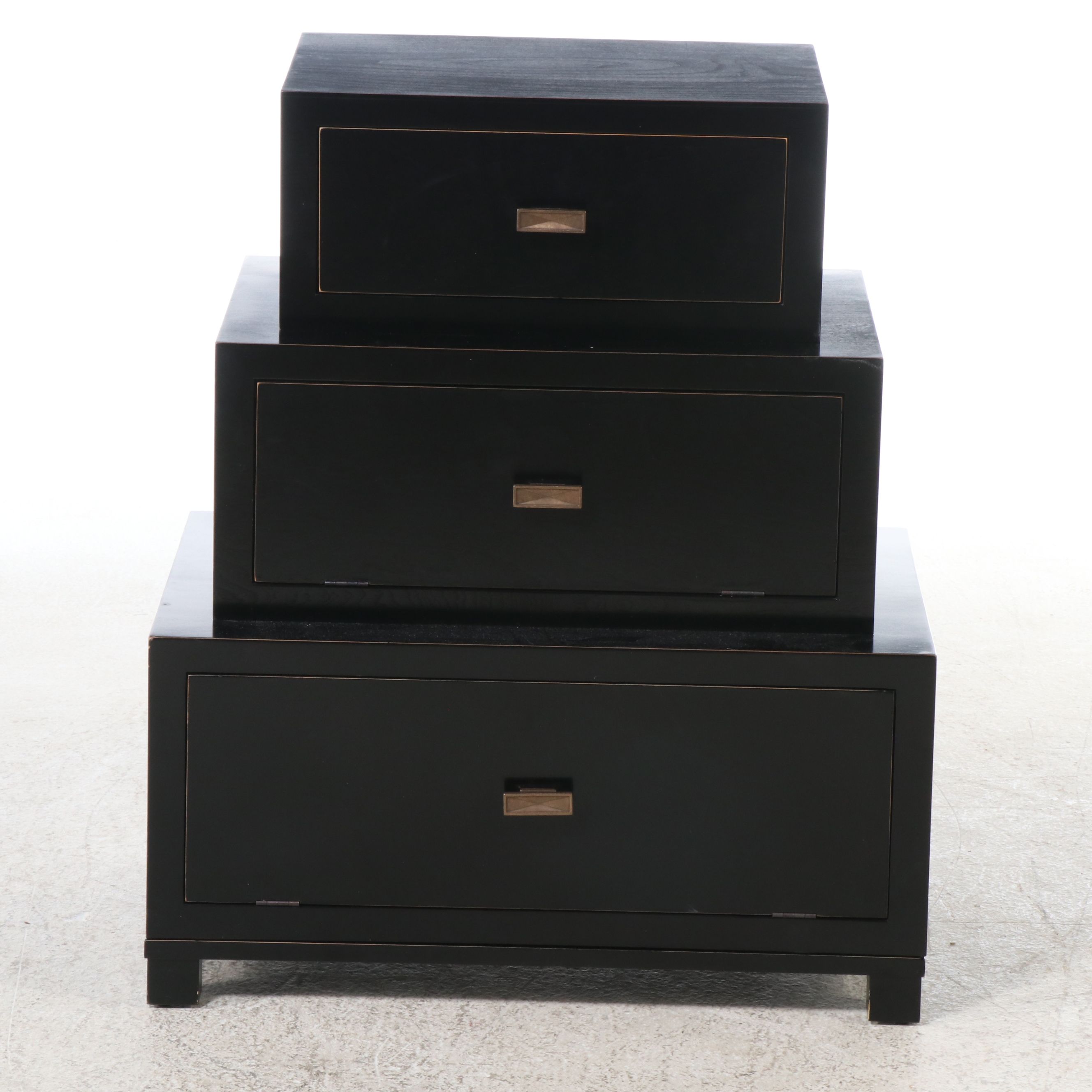Pair of Black Lacquered Wood Stacked-Trunk Bedside Chests, 2008