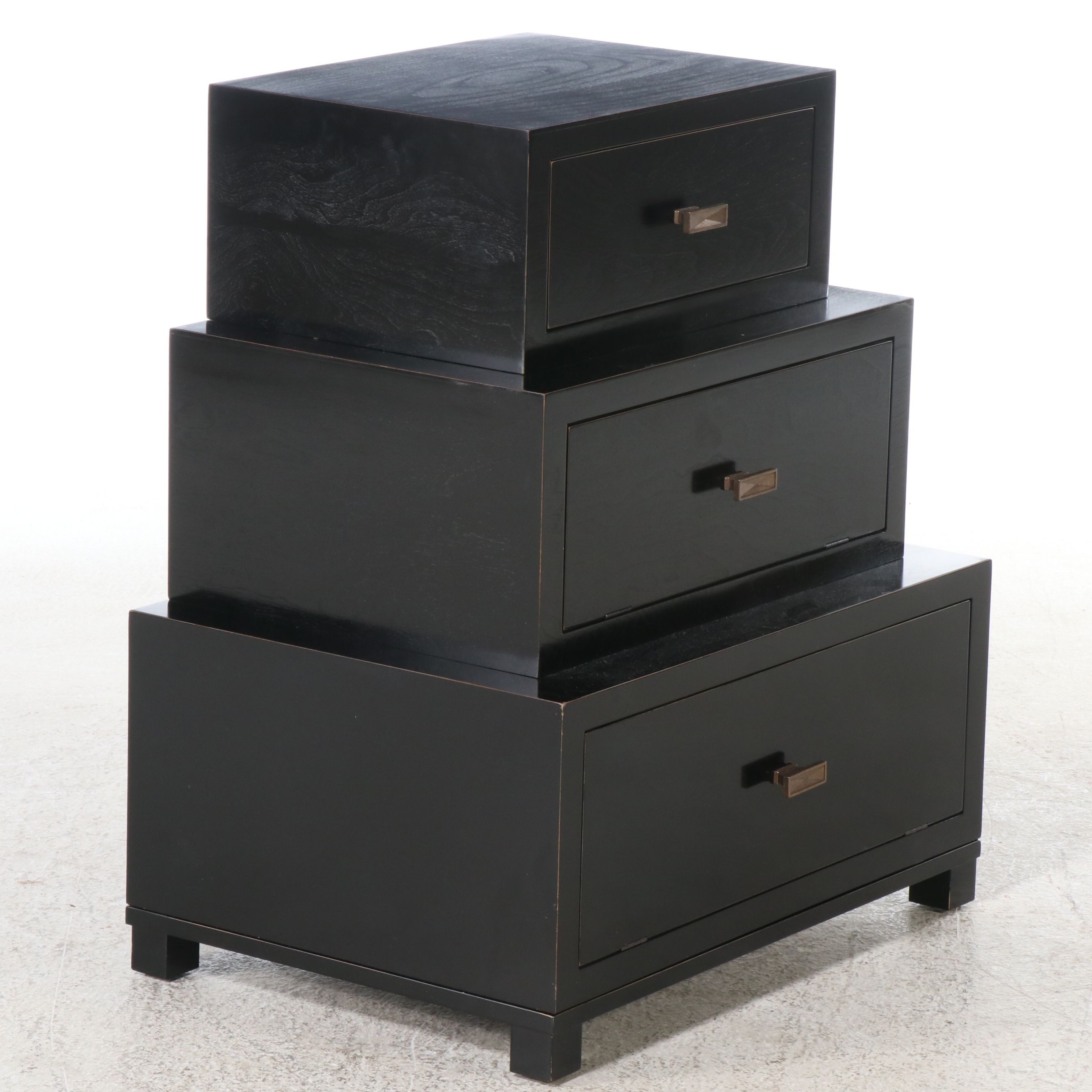 Pair of Black Lacquered Wood Stacked-Trunk Bedside Chests, 2008