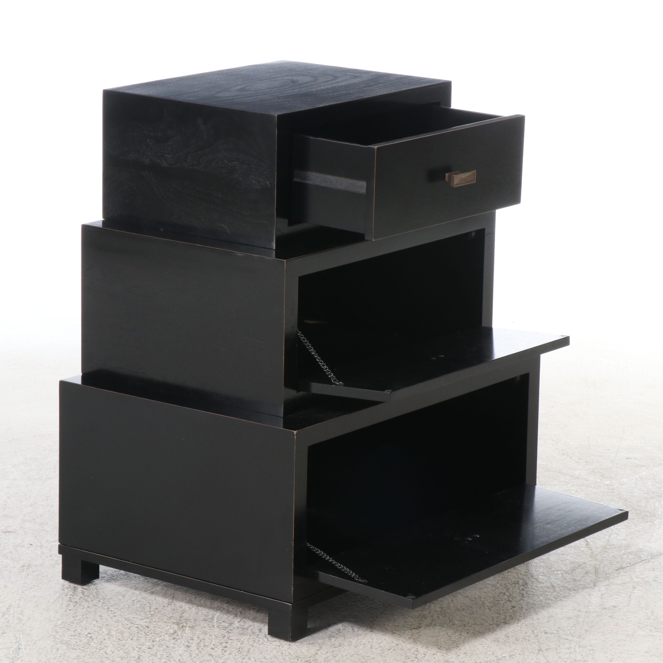 Pair of Black Lacquered Wood Stacked-Trunk Bedside Chests, 2008