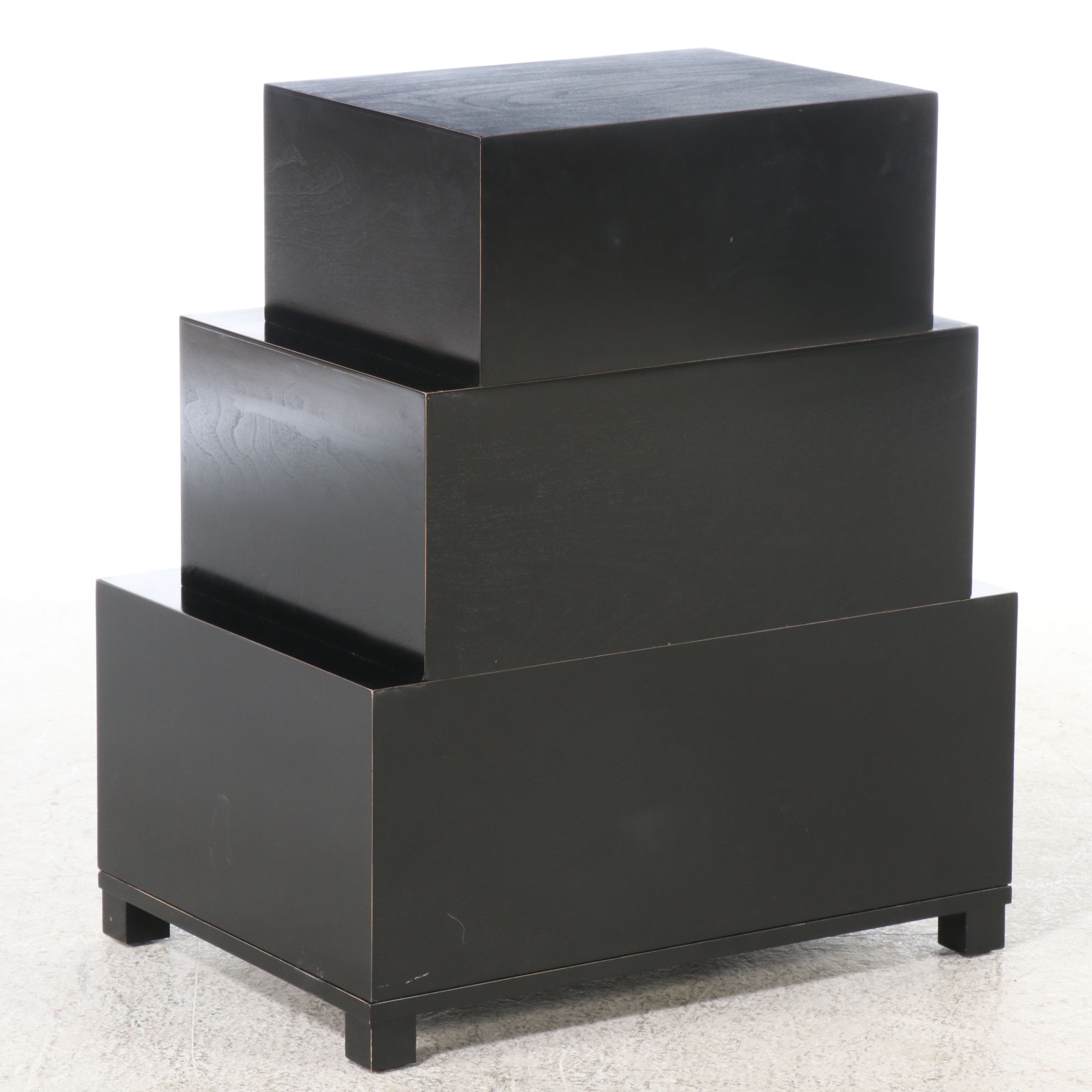 Pair of Black Lacquered Wood Stacked-Trunk Bedside Chests, 2008