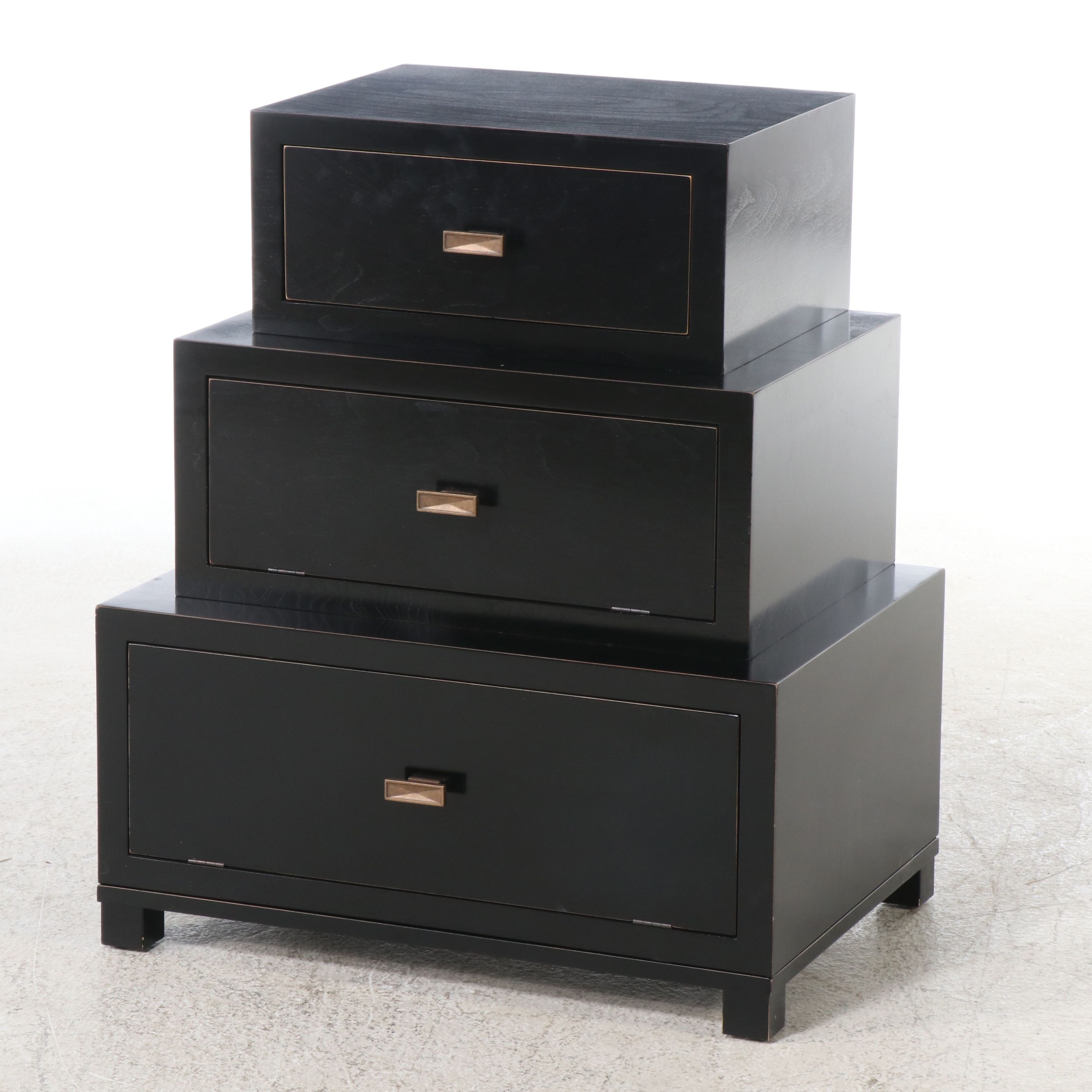 Pair of Black Lacquered Wood Stacked-Trunk Bedside Chests, 2008