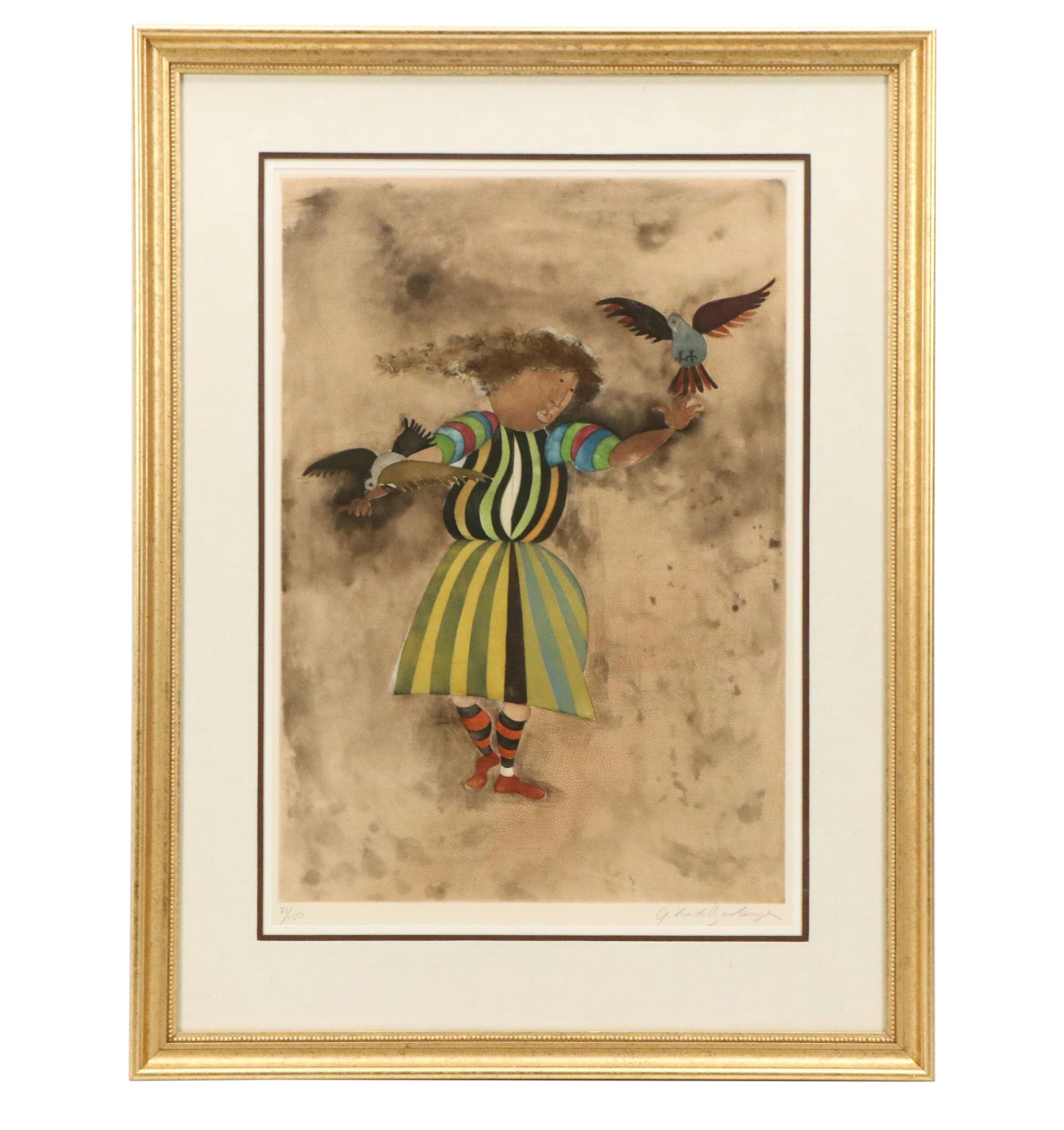 Graciela Rodo Boulanger Etching With Aquatint Woman in Striped Dress With Birds