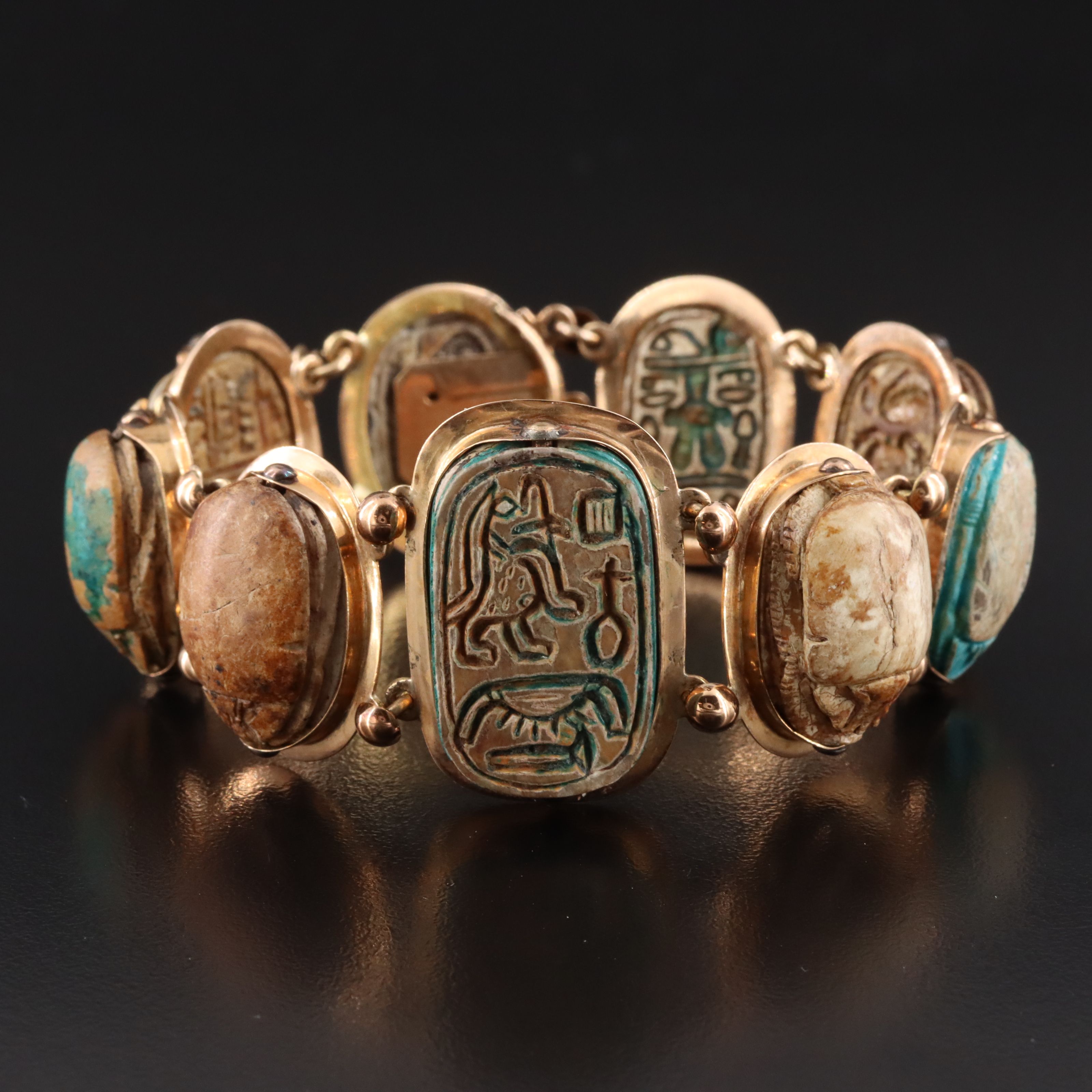 Antique Egyptian Revival 14K Faience Scarab Bracelet