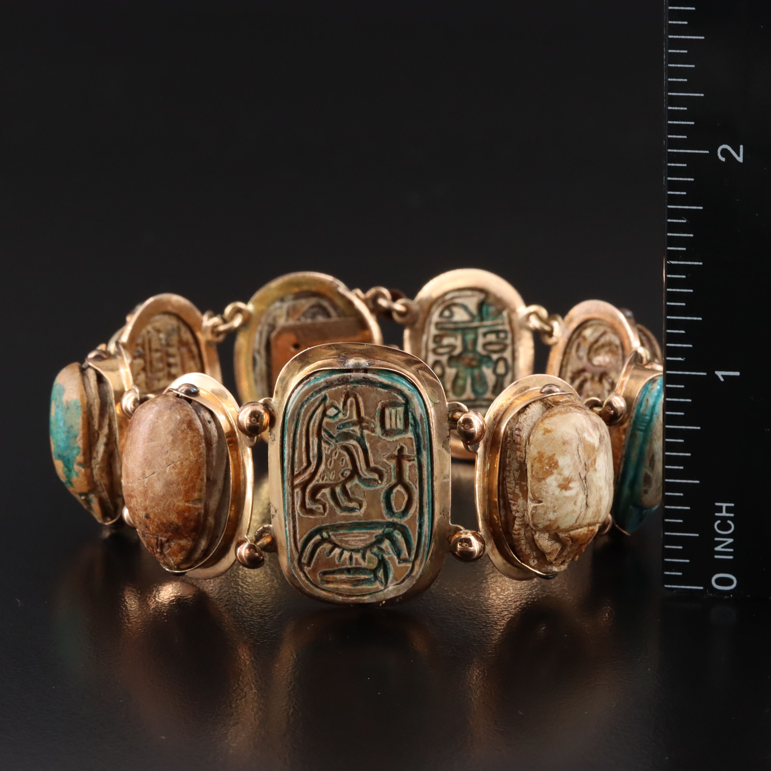Antique Egyptian Revival 14K Faience Scarab Bracelet