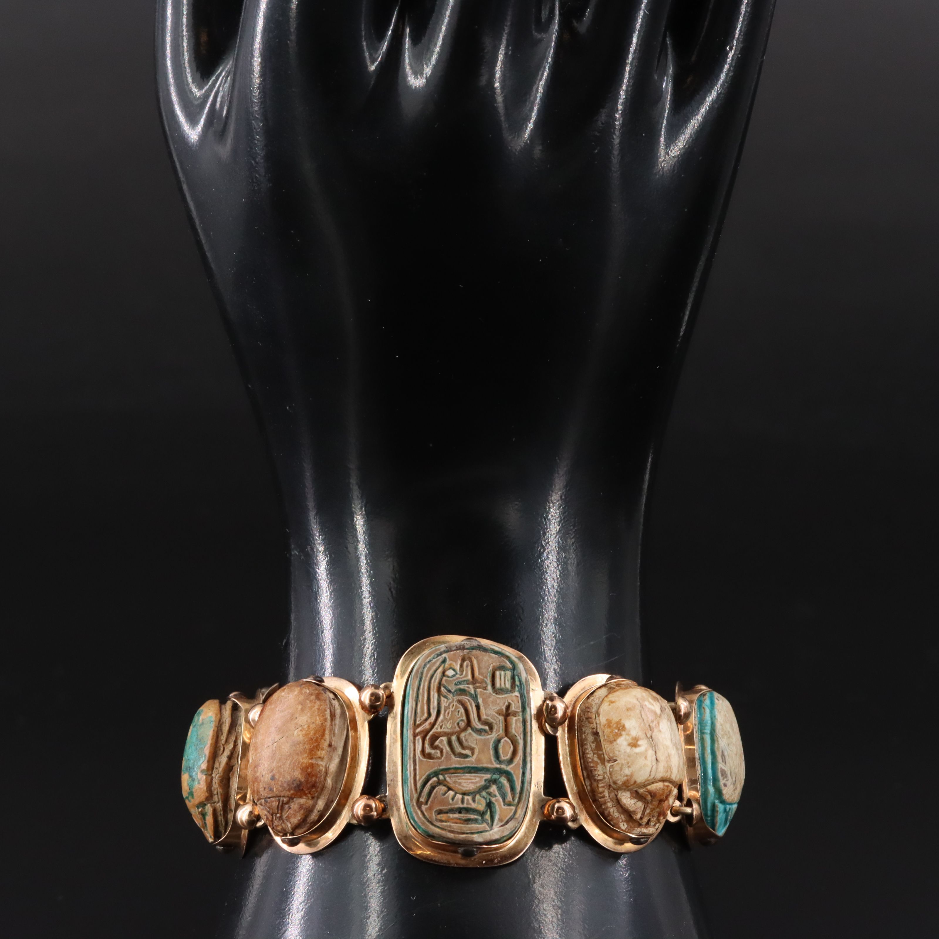 Antique Egyptian Revival 14K Faience Scarab Bracelet