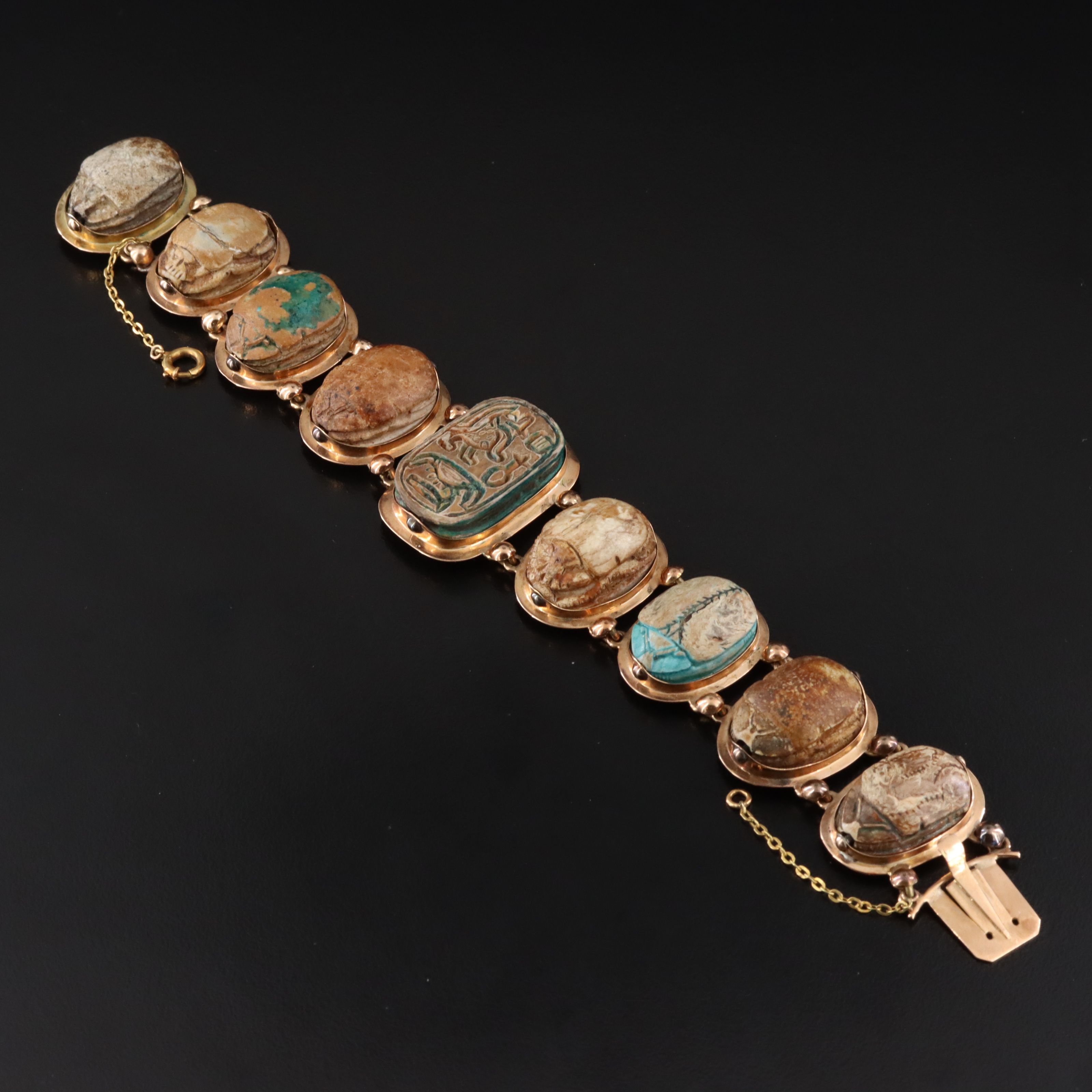 Antique Egyptian Revival 14K Faience Scarab Bracelet