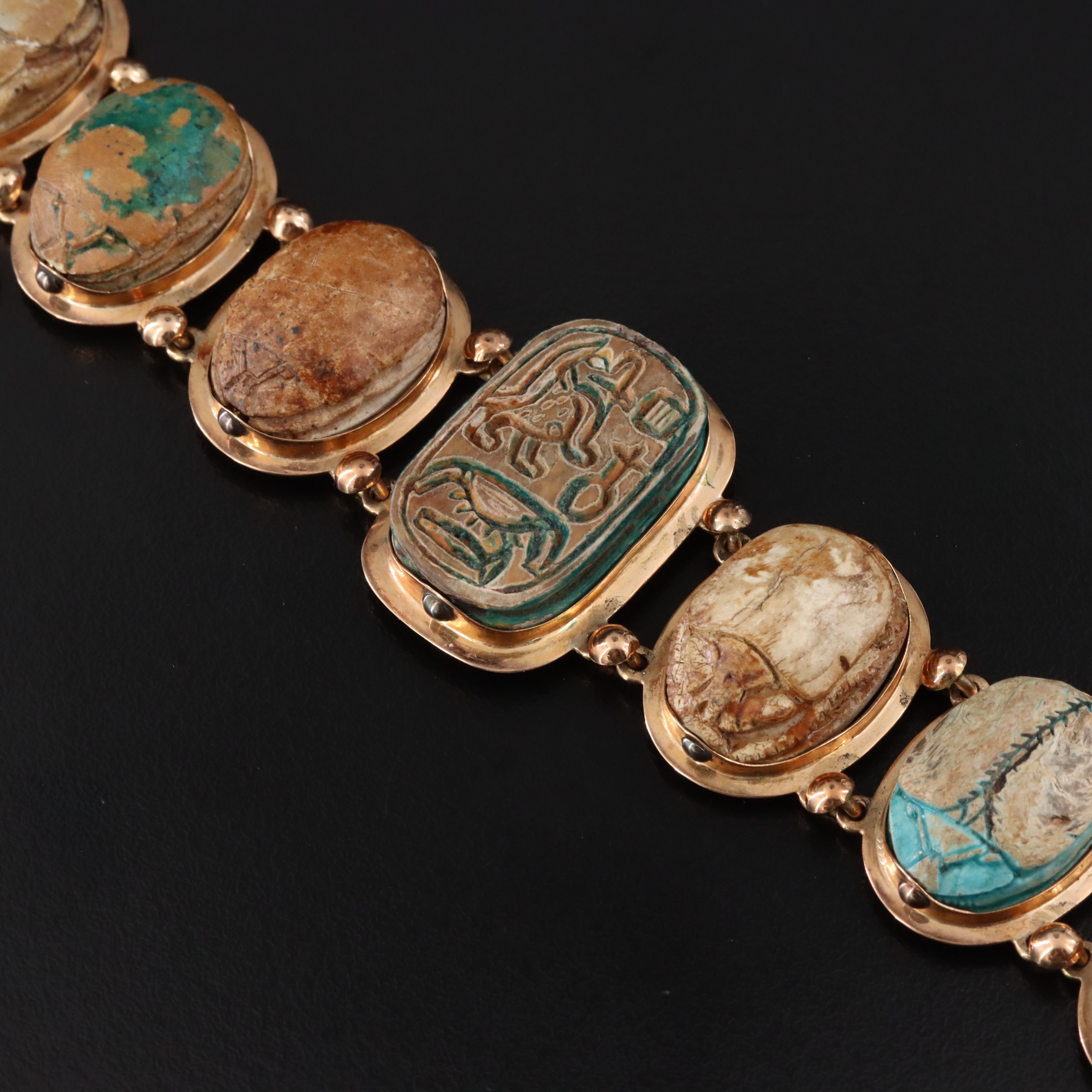 Antique Egyptian Revival 14K Faience Scarab Bracelet