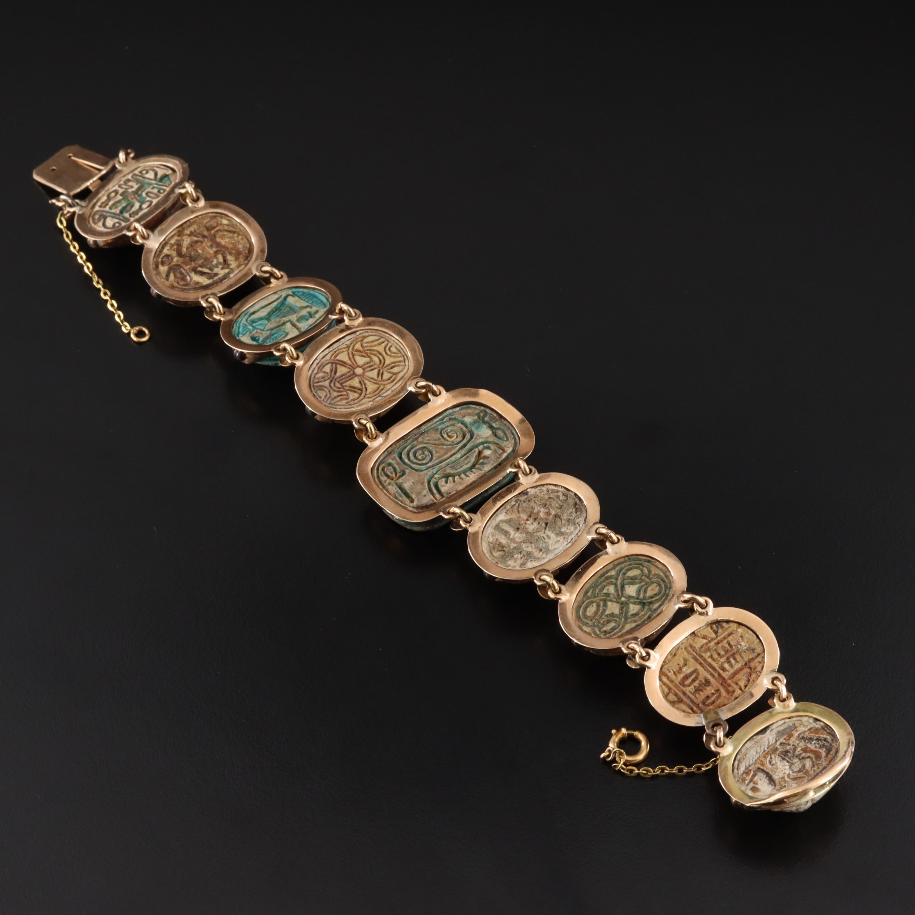 Antique Egyptian Revival 14K Faience Scarab Bracelet
