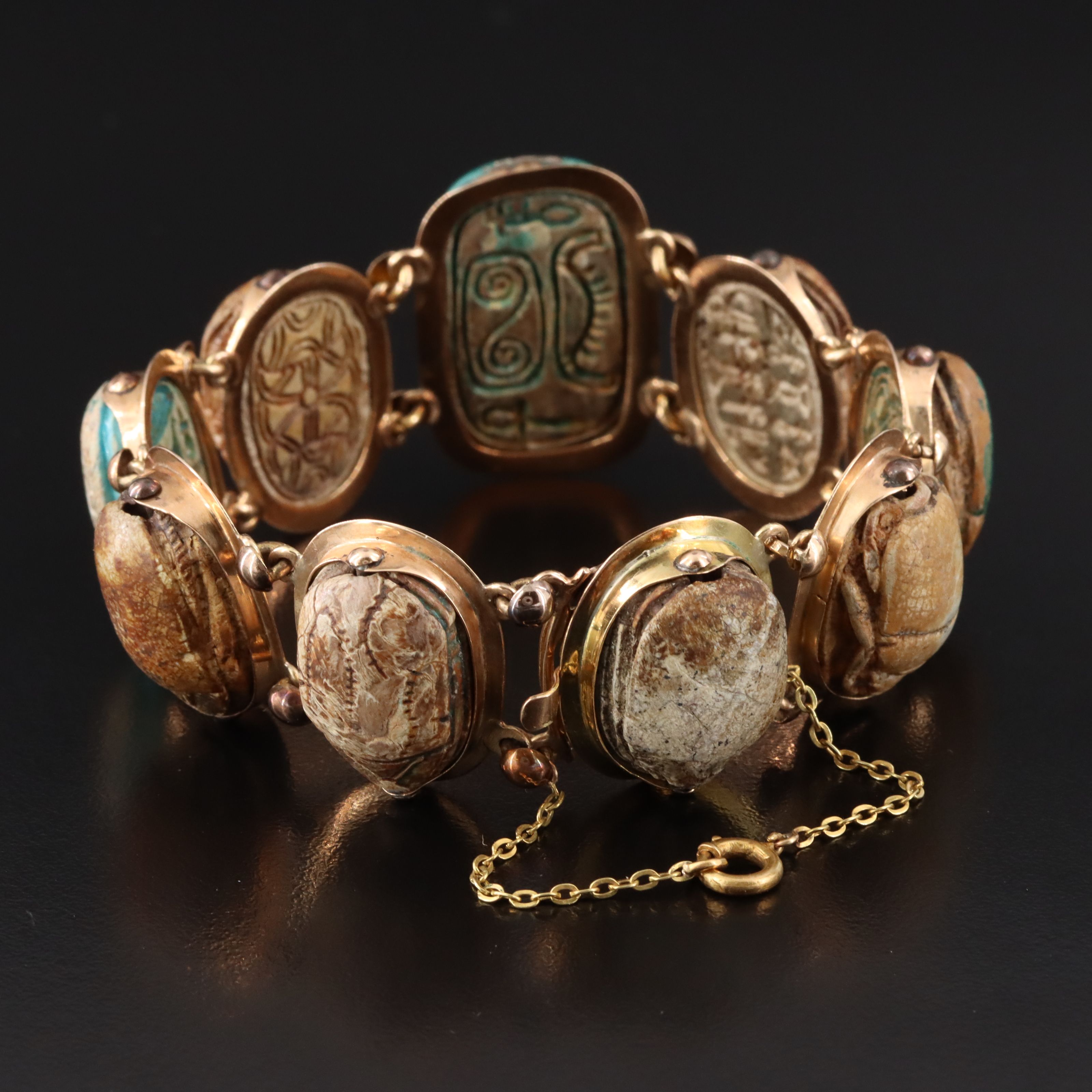 Antique Egyptian Revival 14K Faience Scarab Bracelet