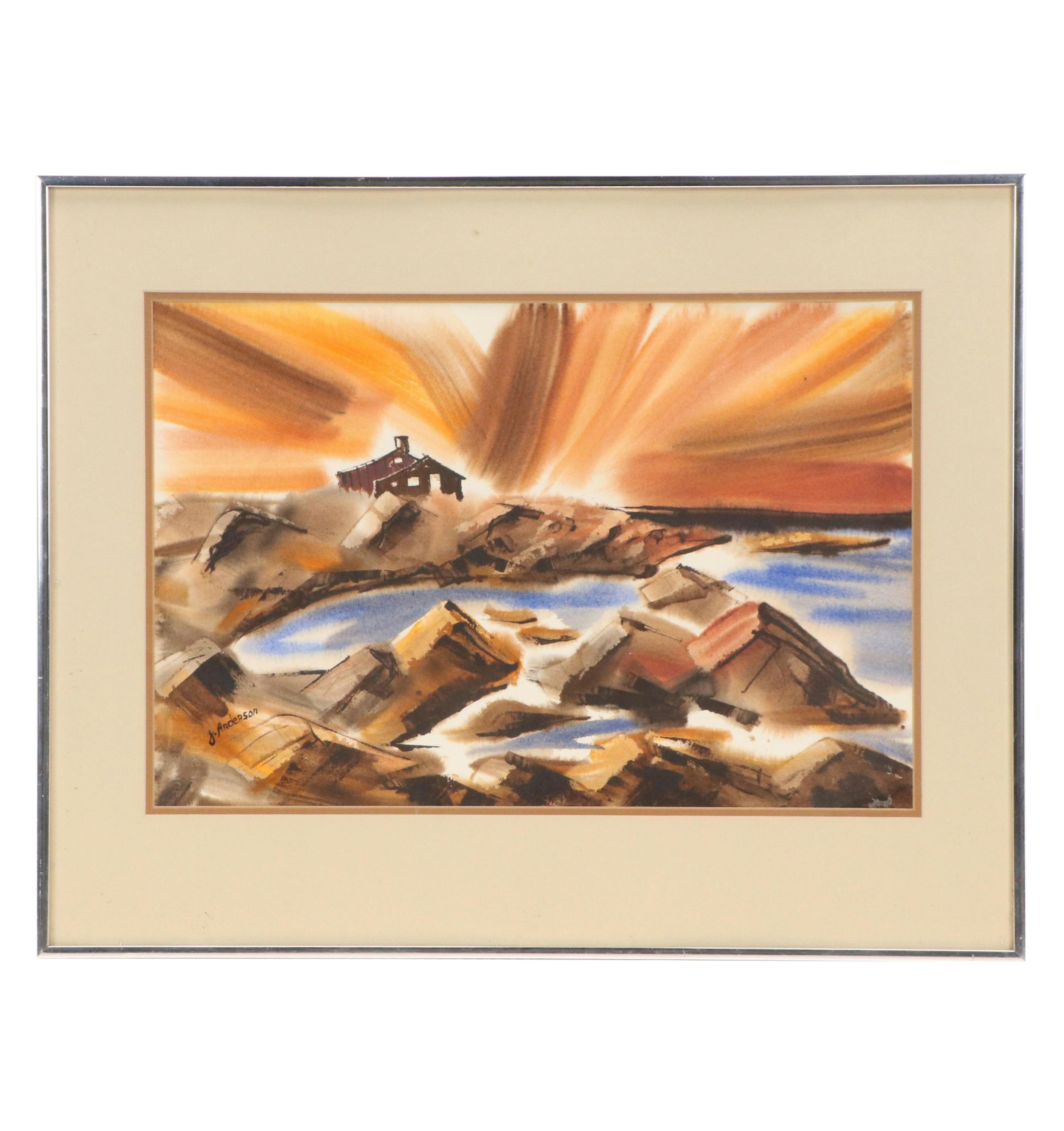 J. Anderson Watercolor Painting of Seaside Scene with House