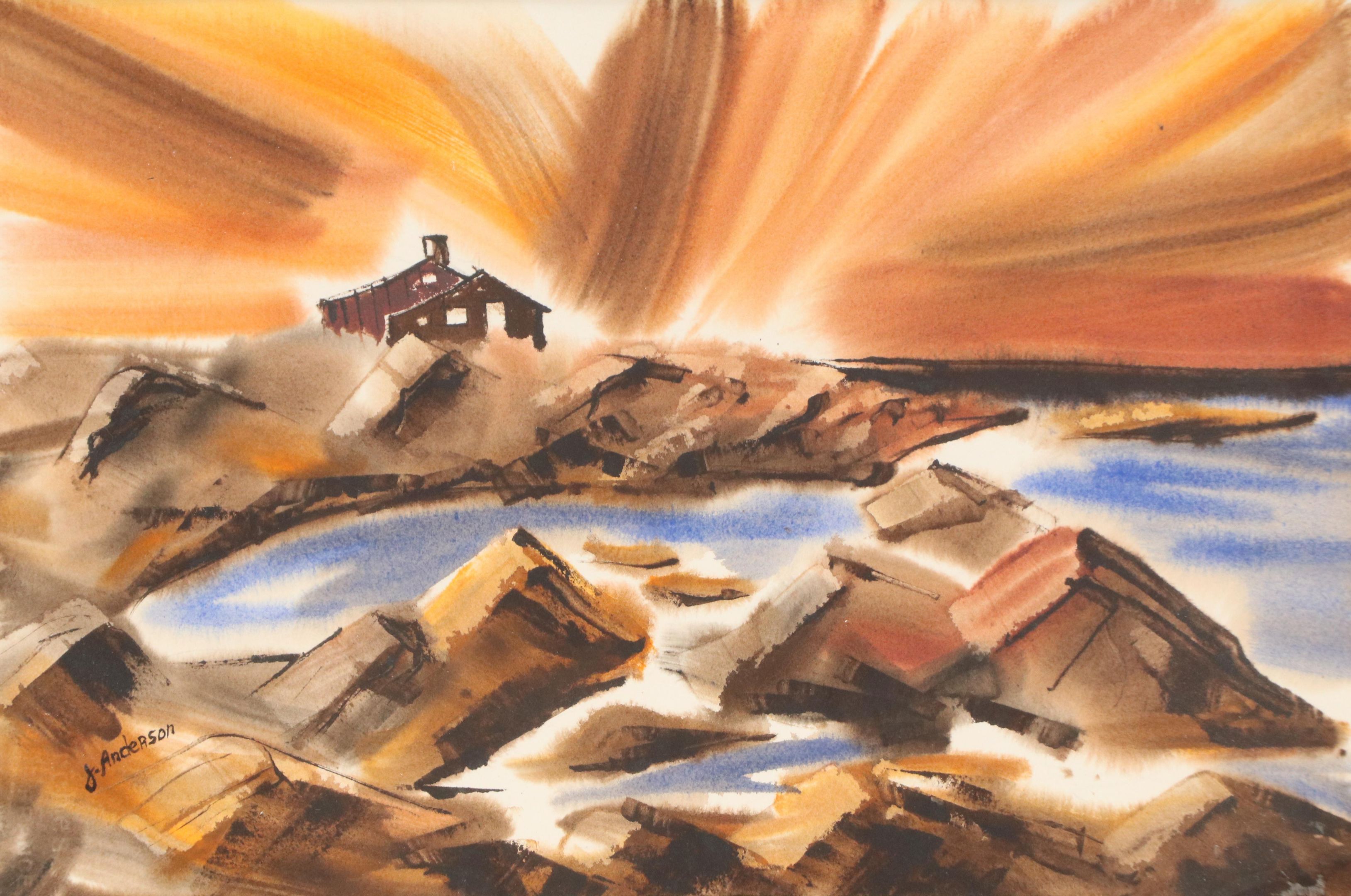 J. Anderson Watercolor Painting of Seaside Scene with House