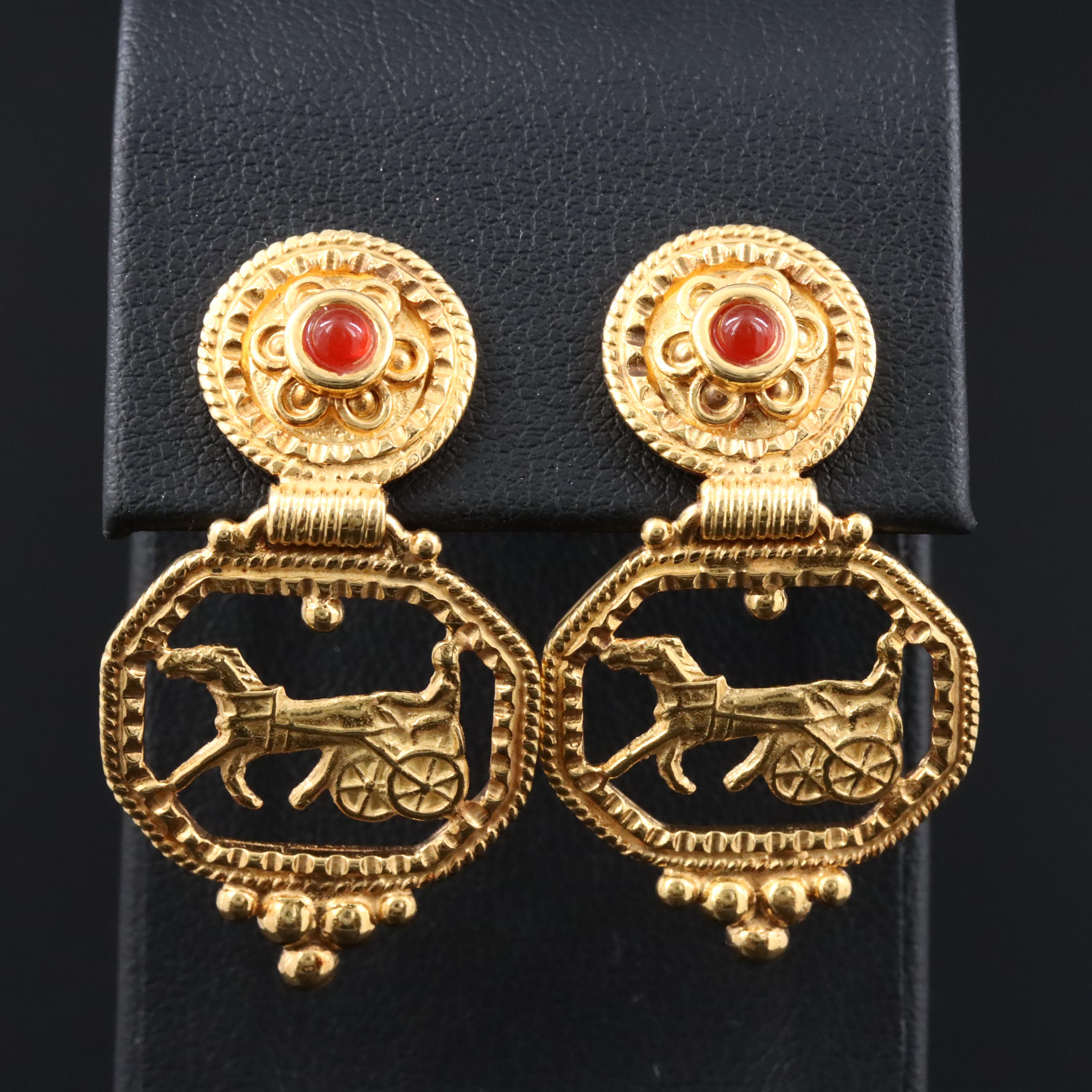 18K Carnelian Horse and Sulky Earrings