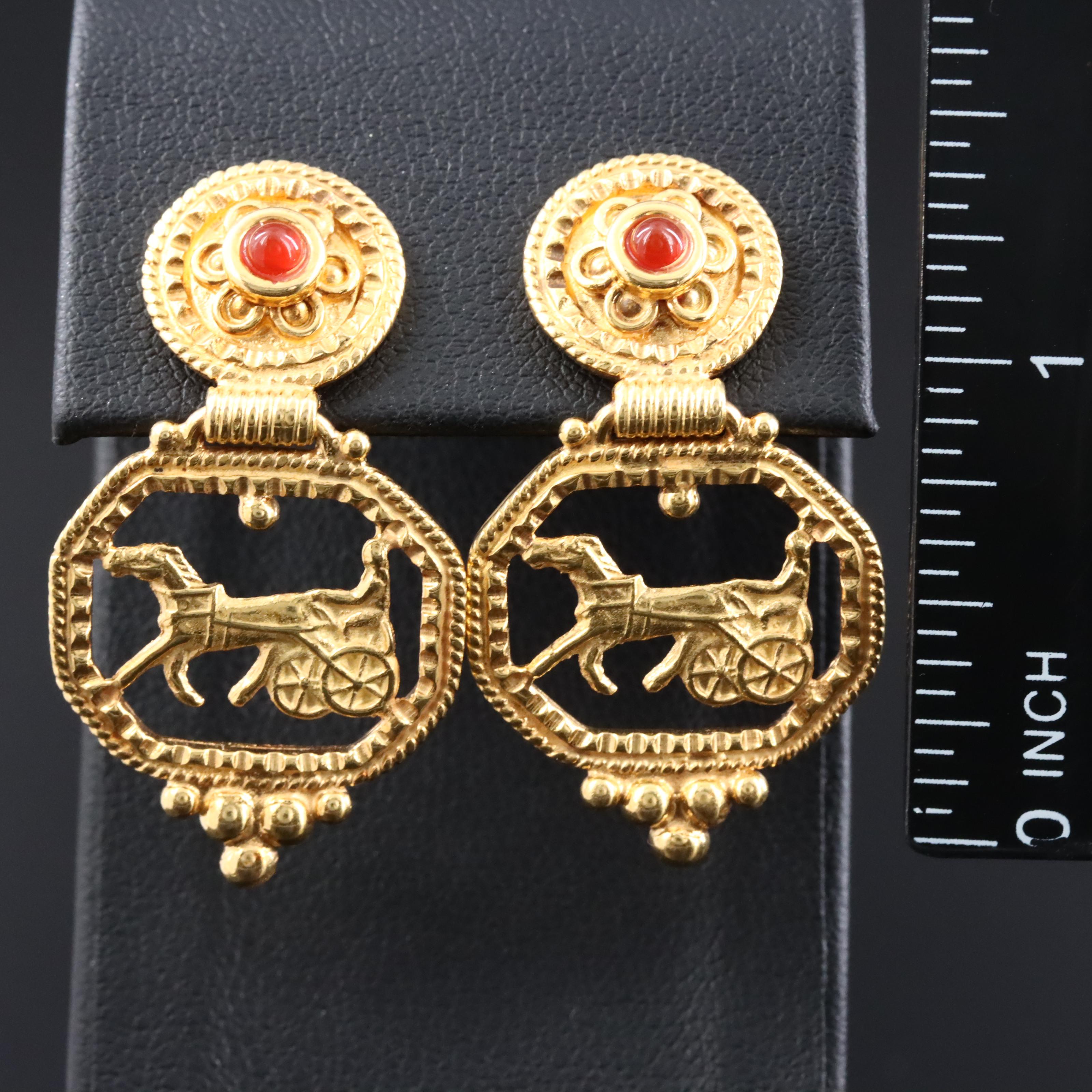 18K Carnelian Horse and Sulky Earrings