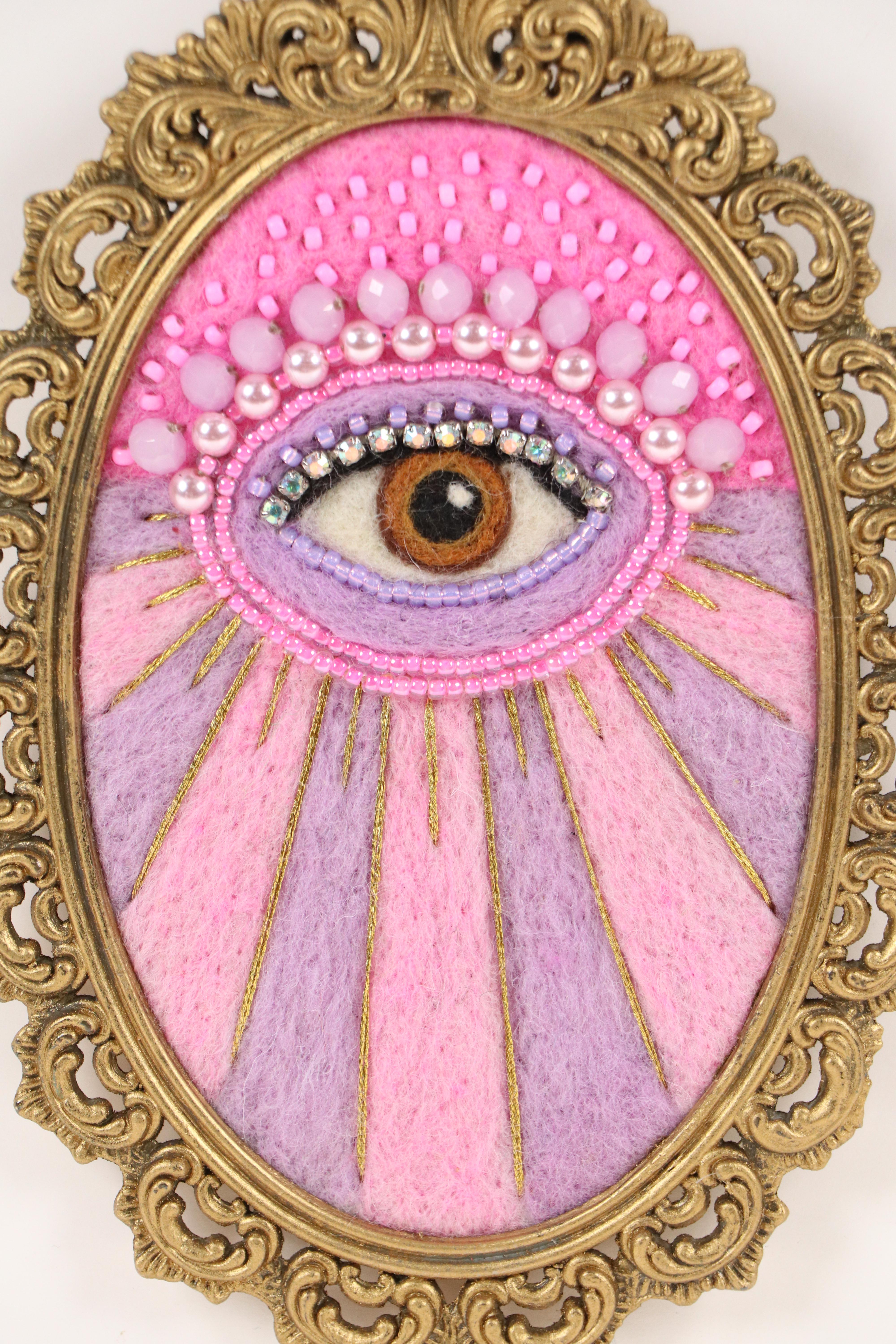 Sarah Miller Fiber Art Wall Hanging Art of Mystic Eye "Perfectly Pink-a-Fied"