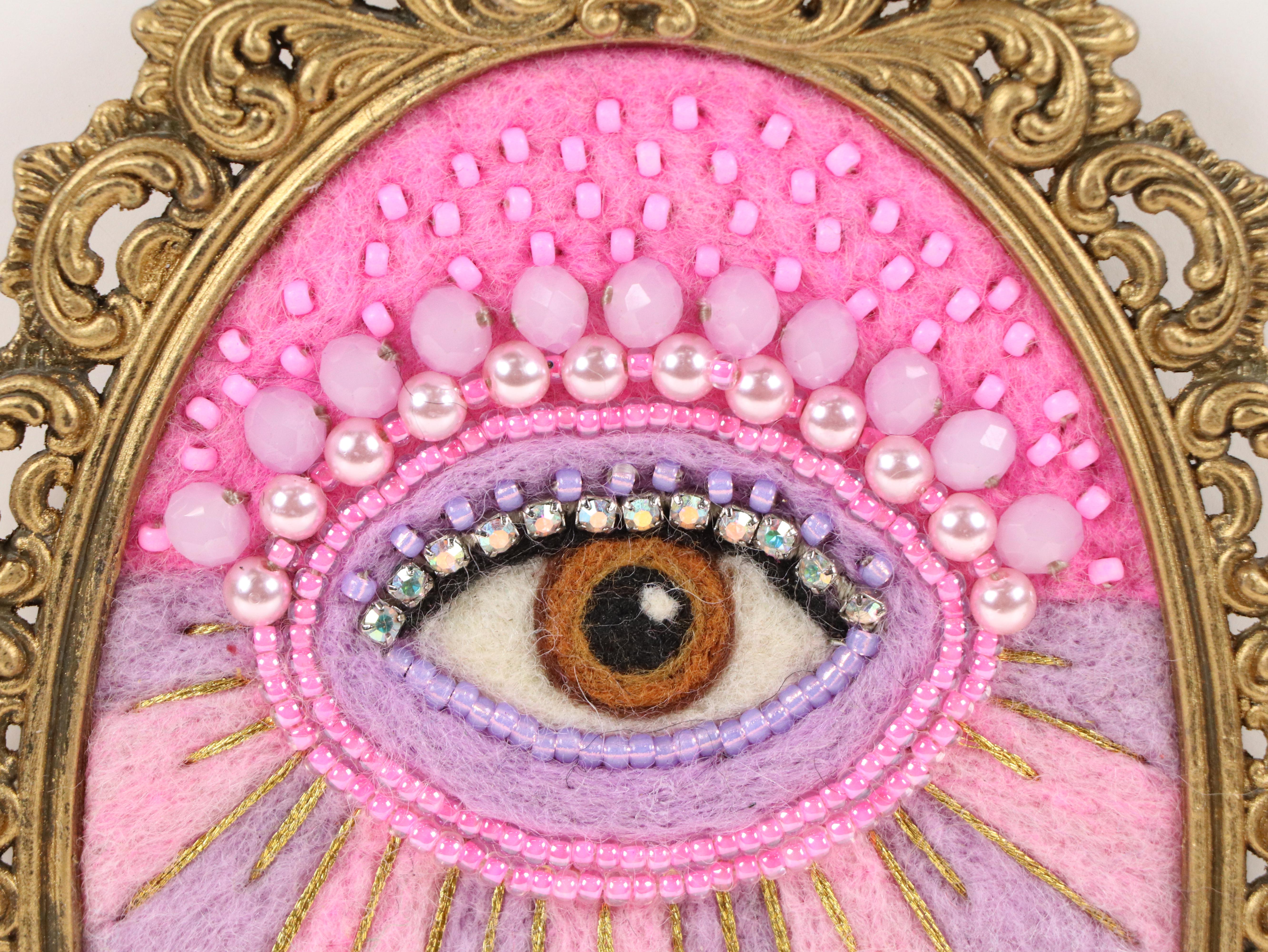 Sarah Miller Fiber Art Wall Hanging Art of Mystic Eye "Perfectly Pink-a-Fied"