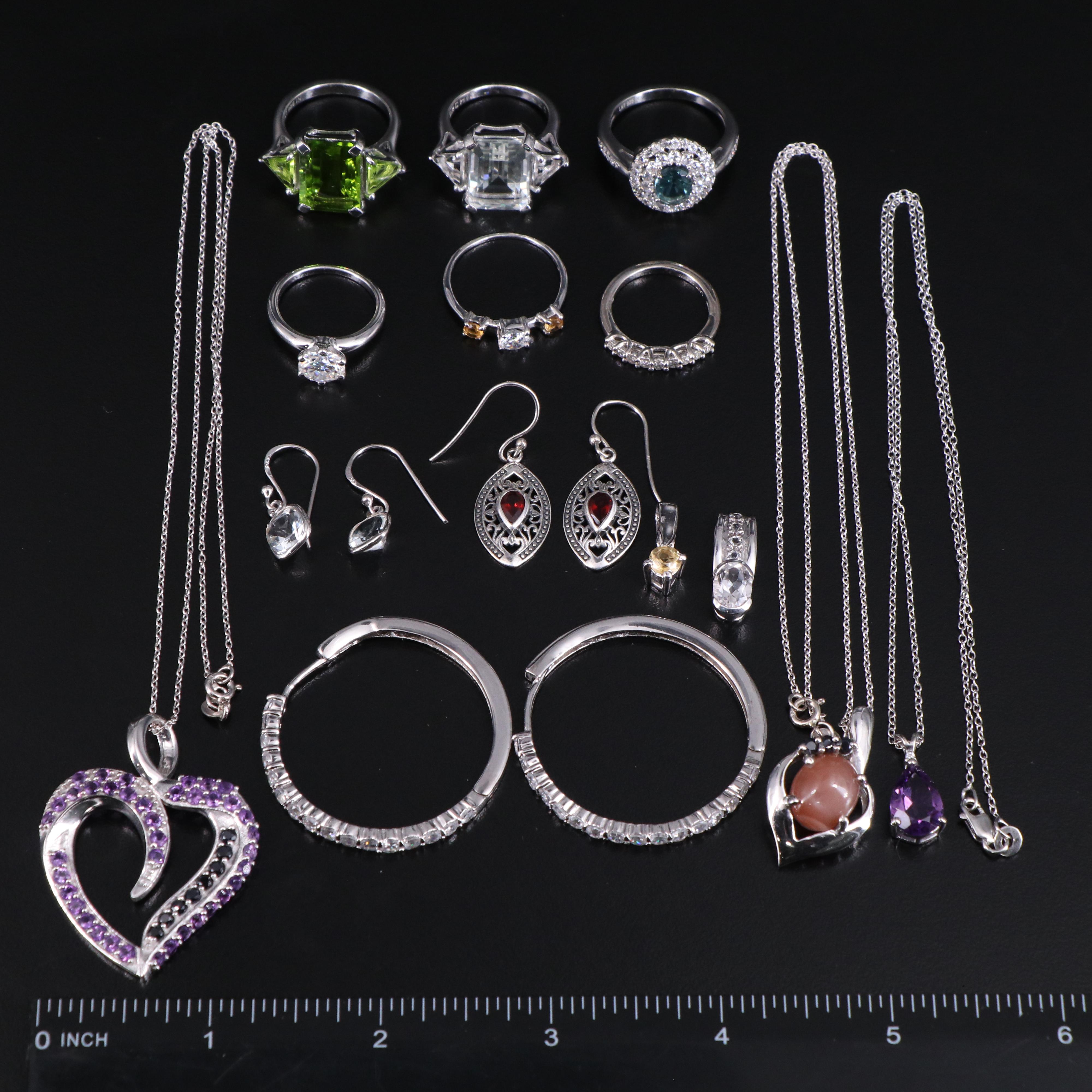 14 Assorted Sterling Silver Rings, Necklaces, Earrings, and Pendants