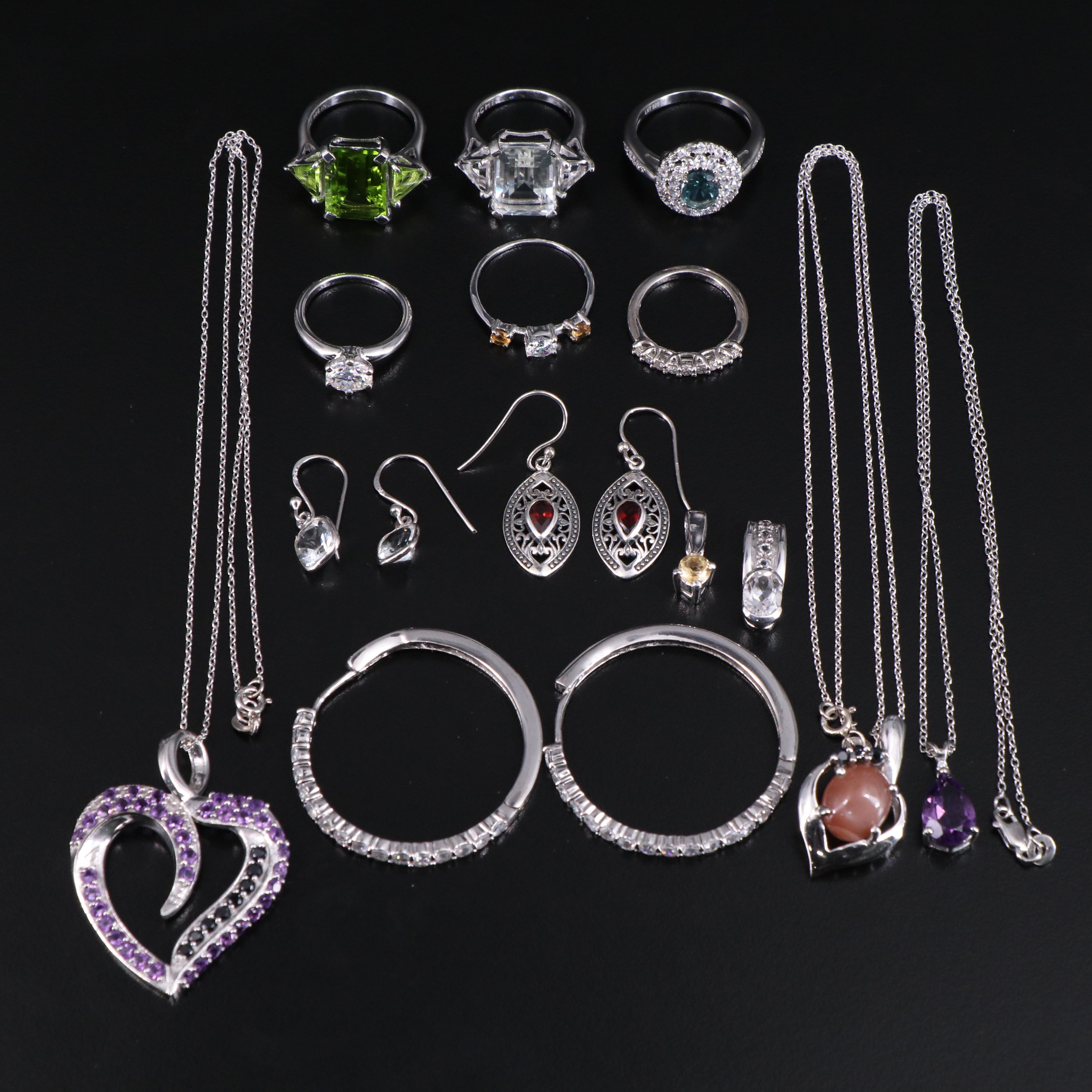 14 Assorted Sterling Silver Rings, Necklaces, Earrings, and Pendants