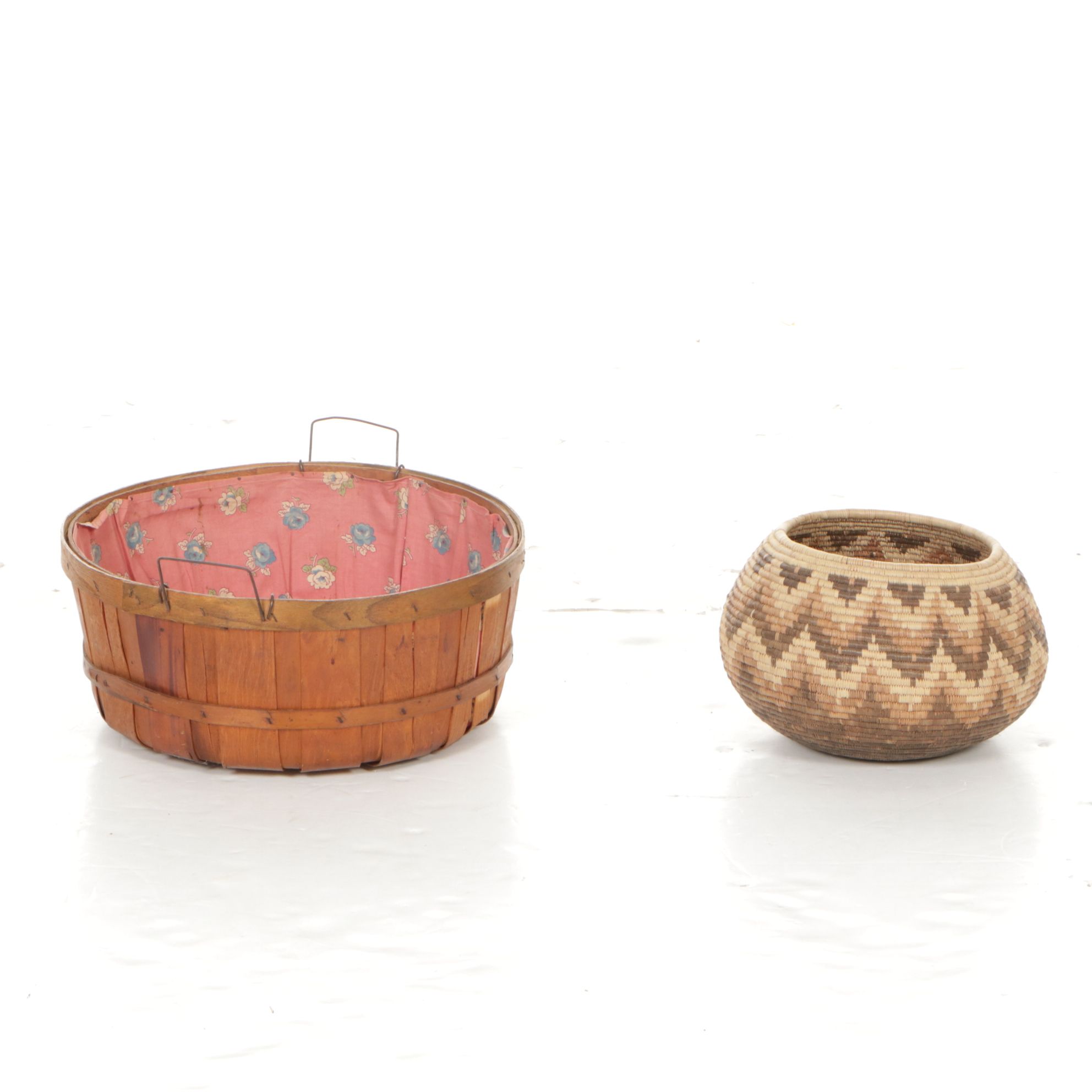Pima Coiled Basket with Rustic Wood and Other Woven Baskets
