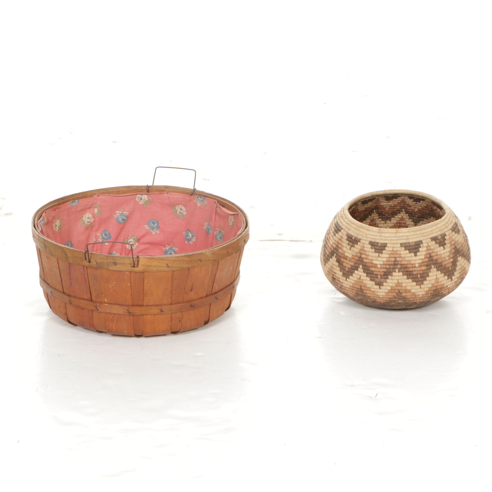 Pima Coiled Basket with Rustic Wood and Other Woven Baskets
