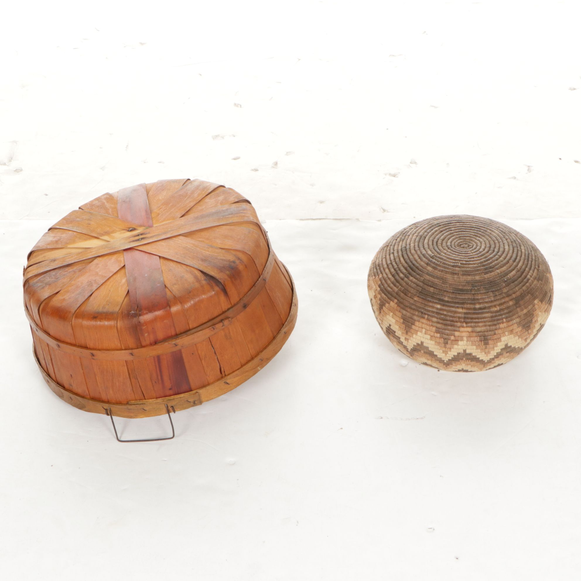 Pima Coiled Basket with Rustic Wood and Other Woven Baskets