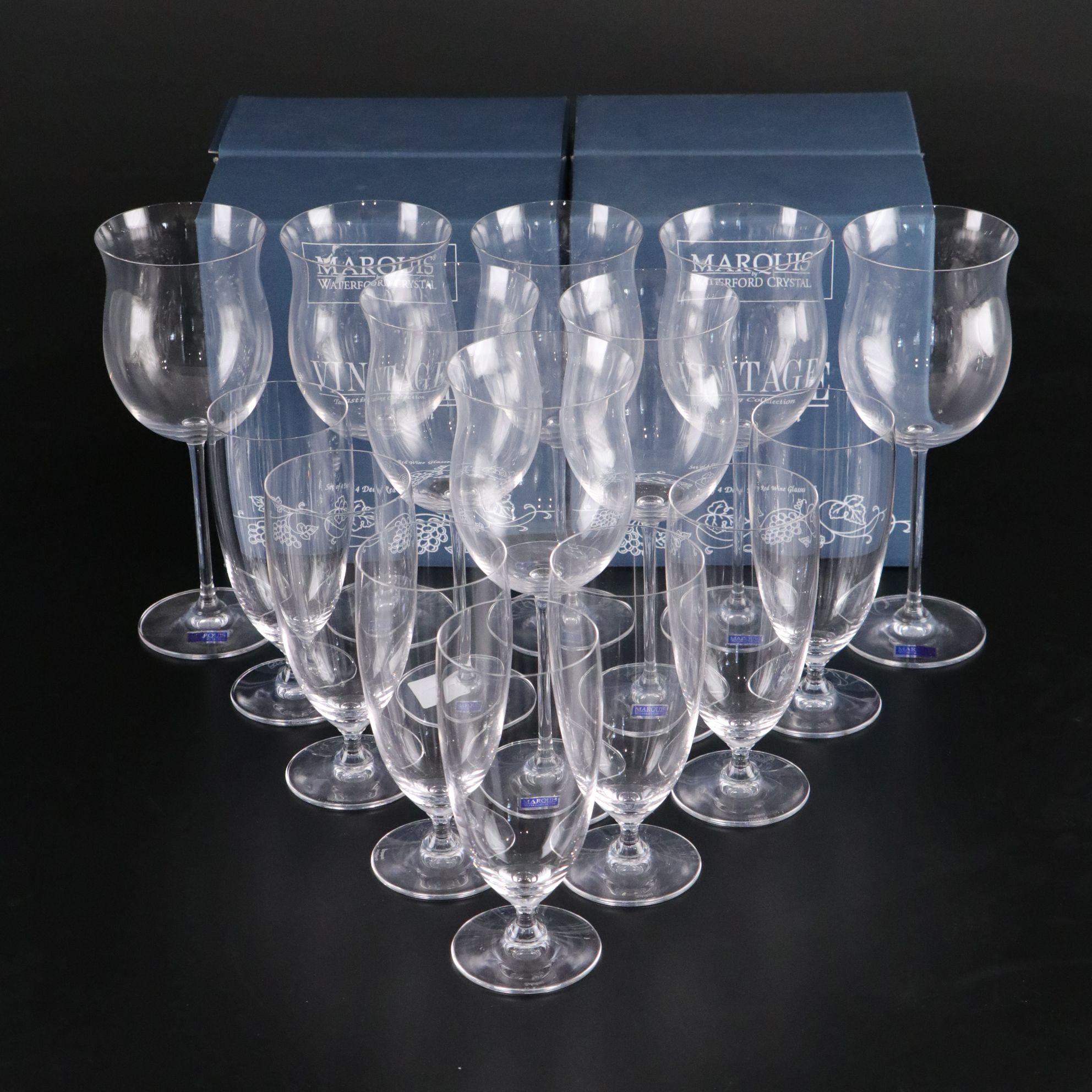 Marquis by Waterford Crystal Tulip Burgundy Glasses and Iced Tea Glasses