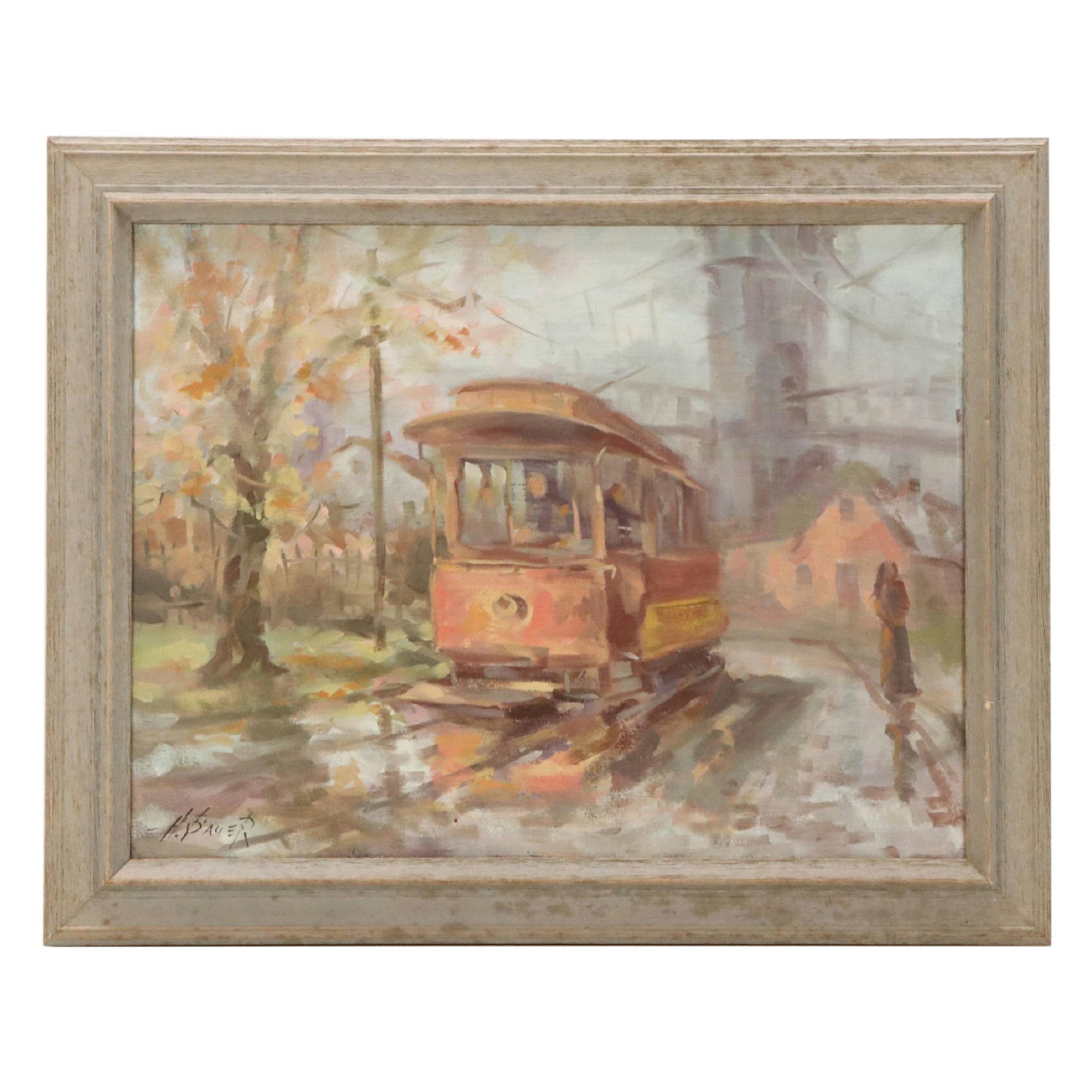 H. Bauer Impressionistic Oil Painting of Autumnal Streetcar Scene