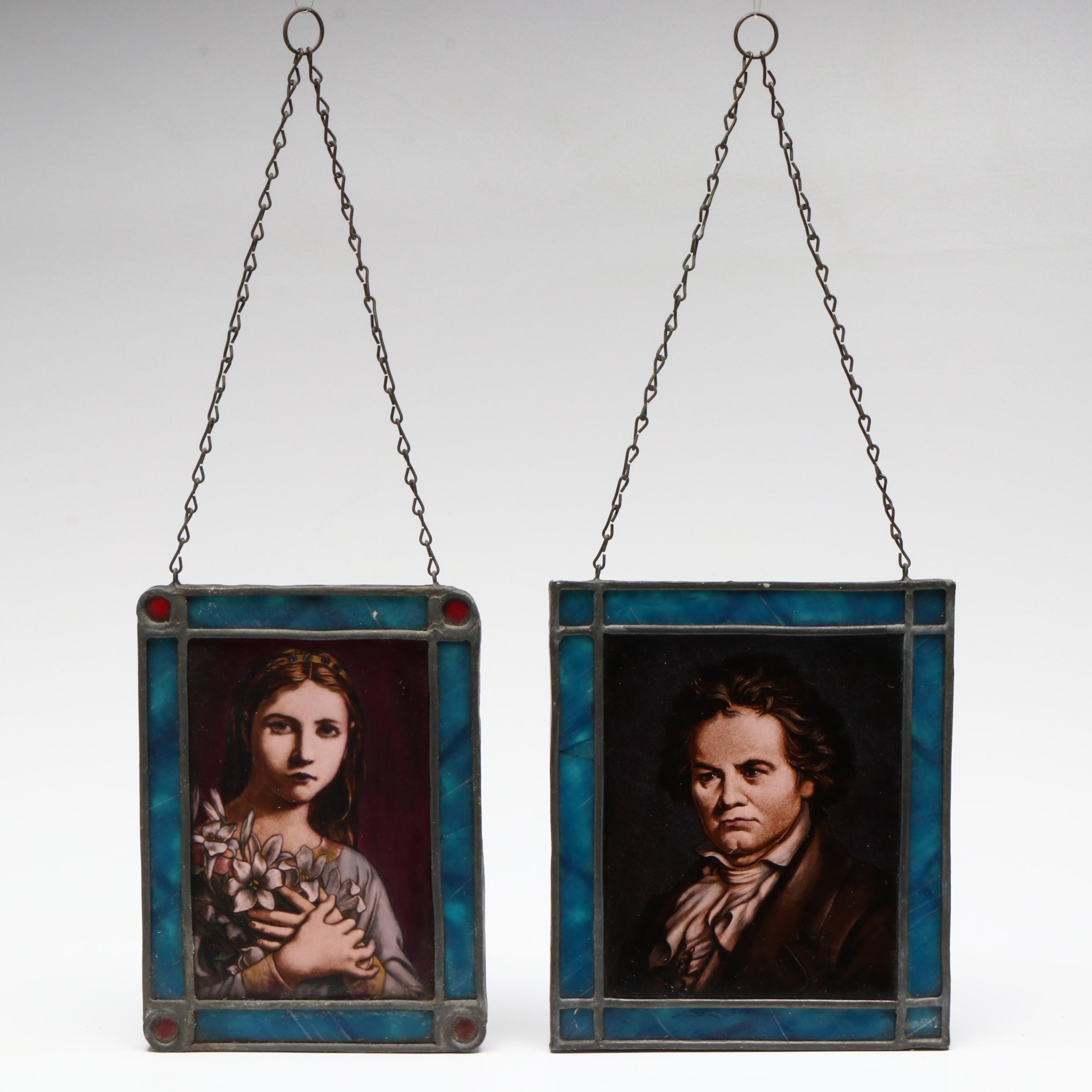 Hand-Painted Beethoven and Woman Stained Glass Portrait Panels